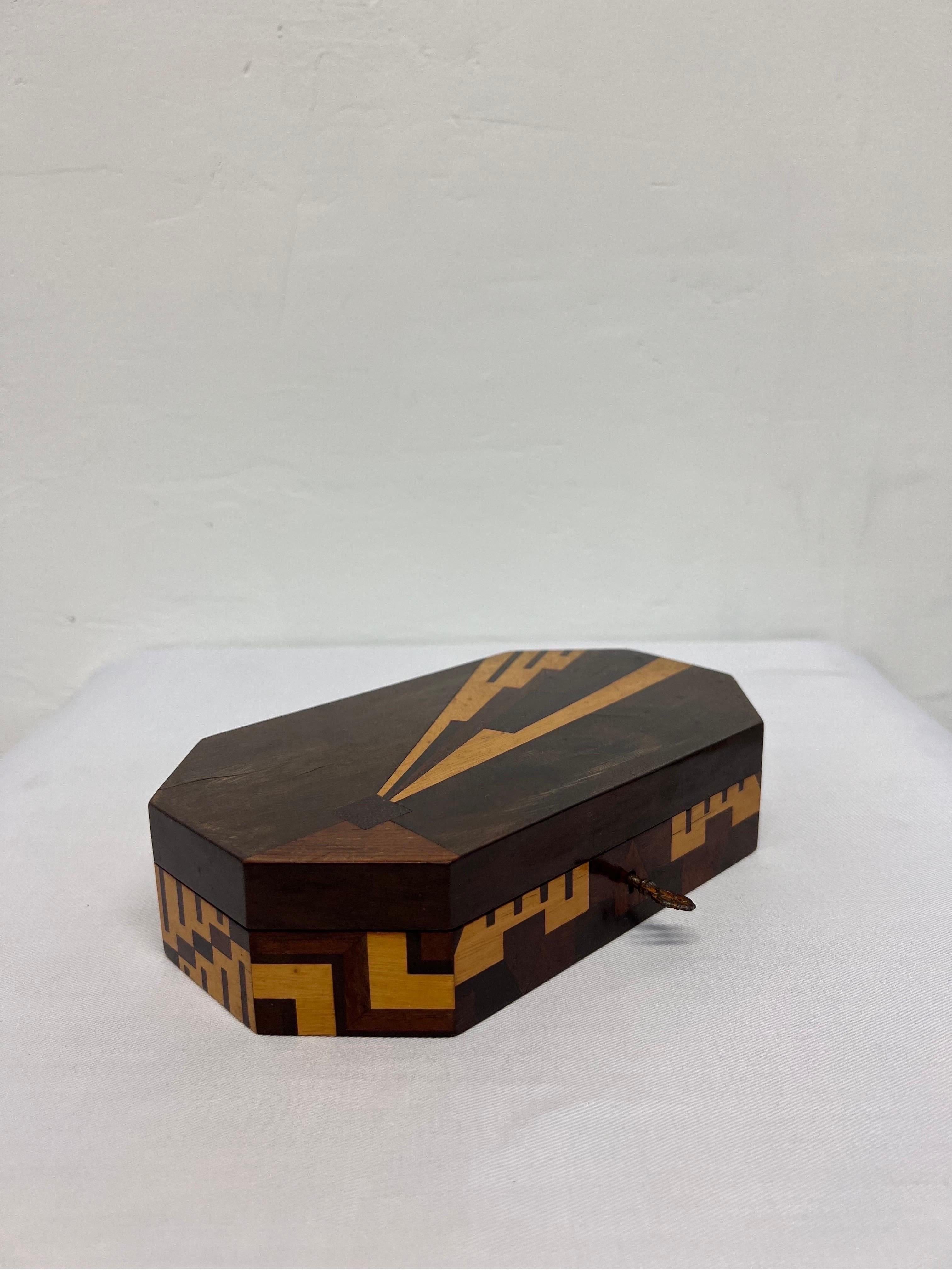 Mid-Century Modern Brazilian Mid-Century Jacaranda Jewelry Box with Geometric Marquetry and Key For Sale