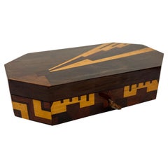 Brazilian Mid-Century Jacaranda Jewelry Box with Geometric Marquetry and Key