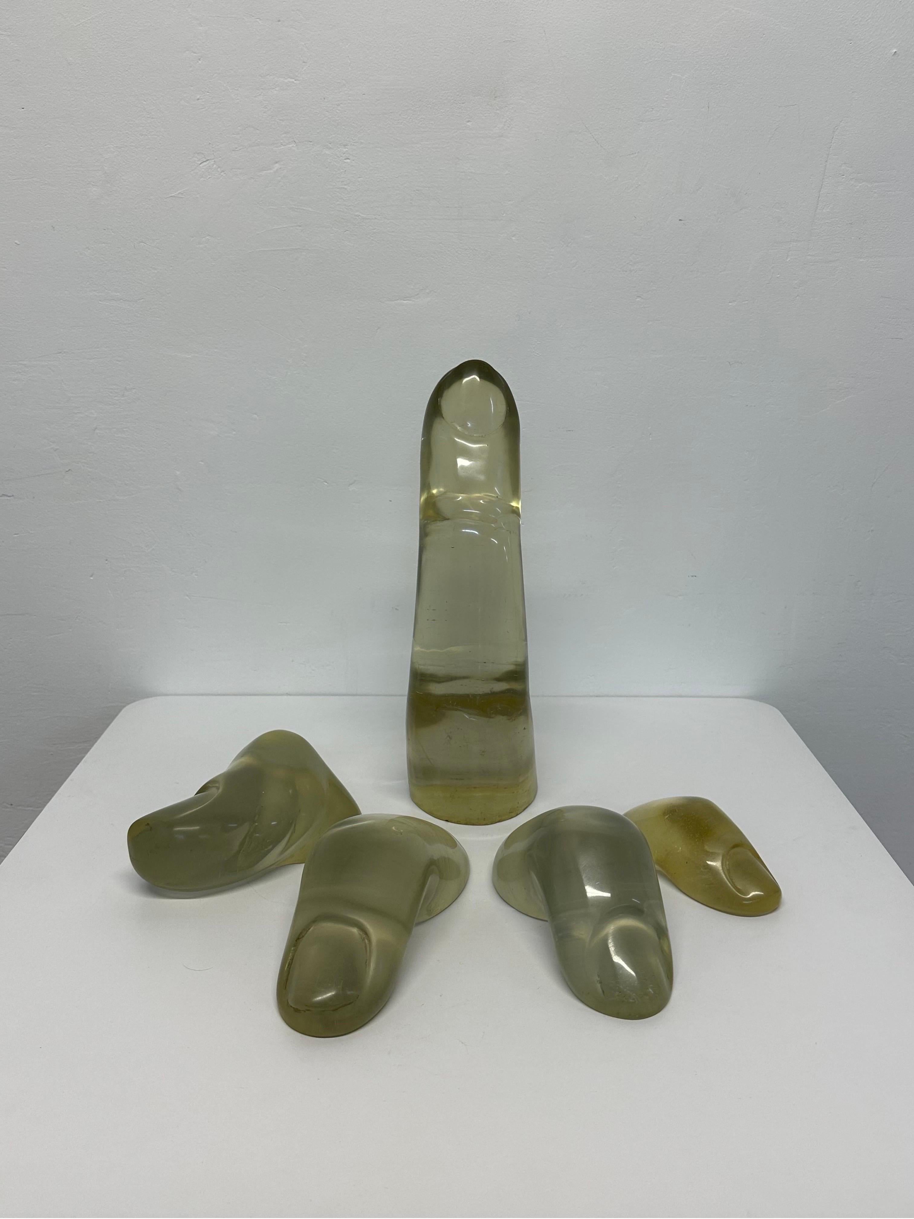 Brazilian modern acrylic / lucite table sculpture of five fingers with the middle finger extended. Signed by unknown artist.
