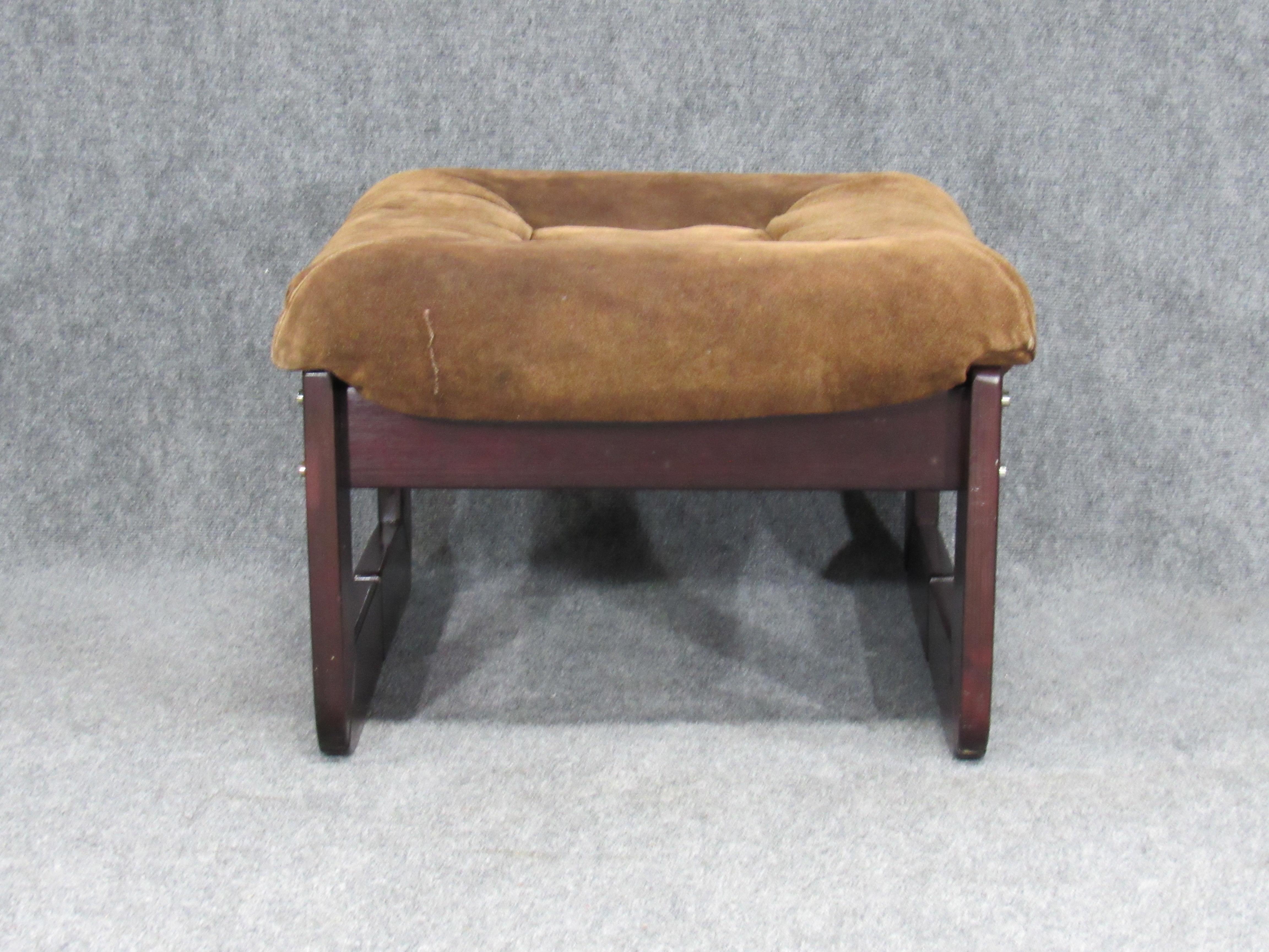 Brazilian Mid-Century Modern armchair and ottoman by Percival Lafer in chocolate brown suede and rosewood. Ottoman measures: 23
