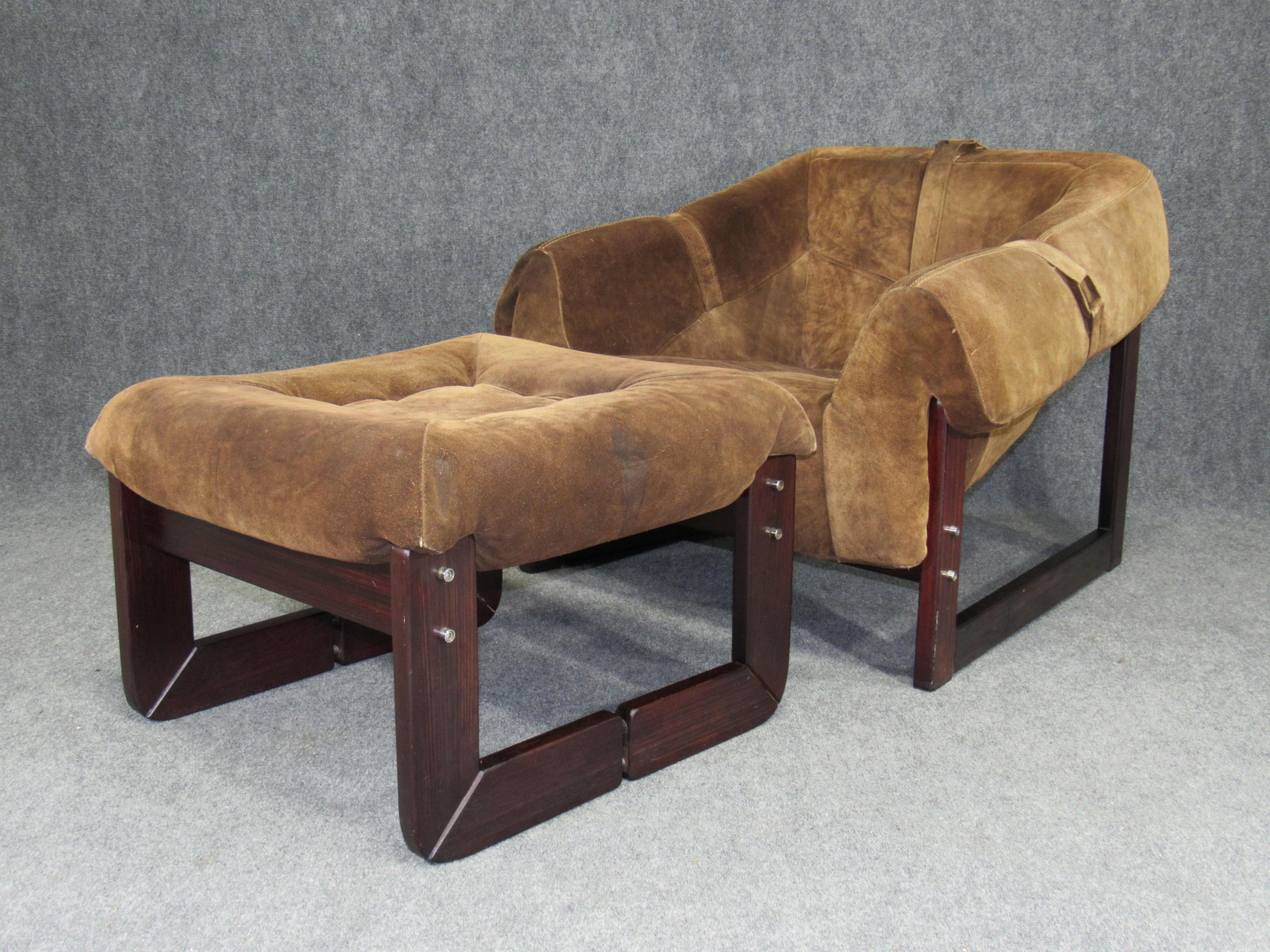 Suede Brazilian Mid-Century Modern Armchair and Ottoman by Percival Lafer in Chocolate