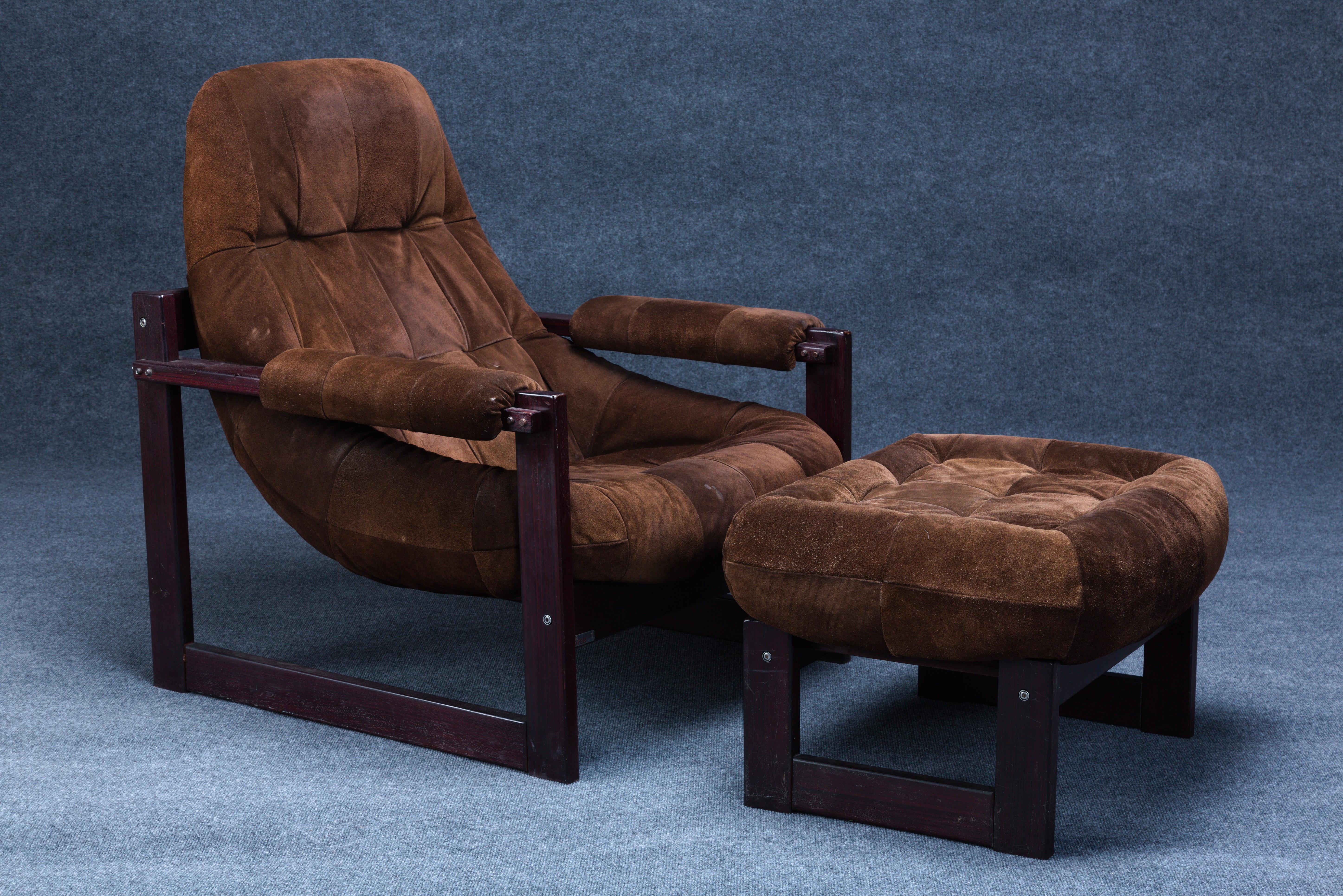 Brazilian Mid-Century Modern Armchair/Ottoman by Percival Lafer in Suede Leather For Sale 8