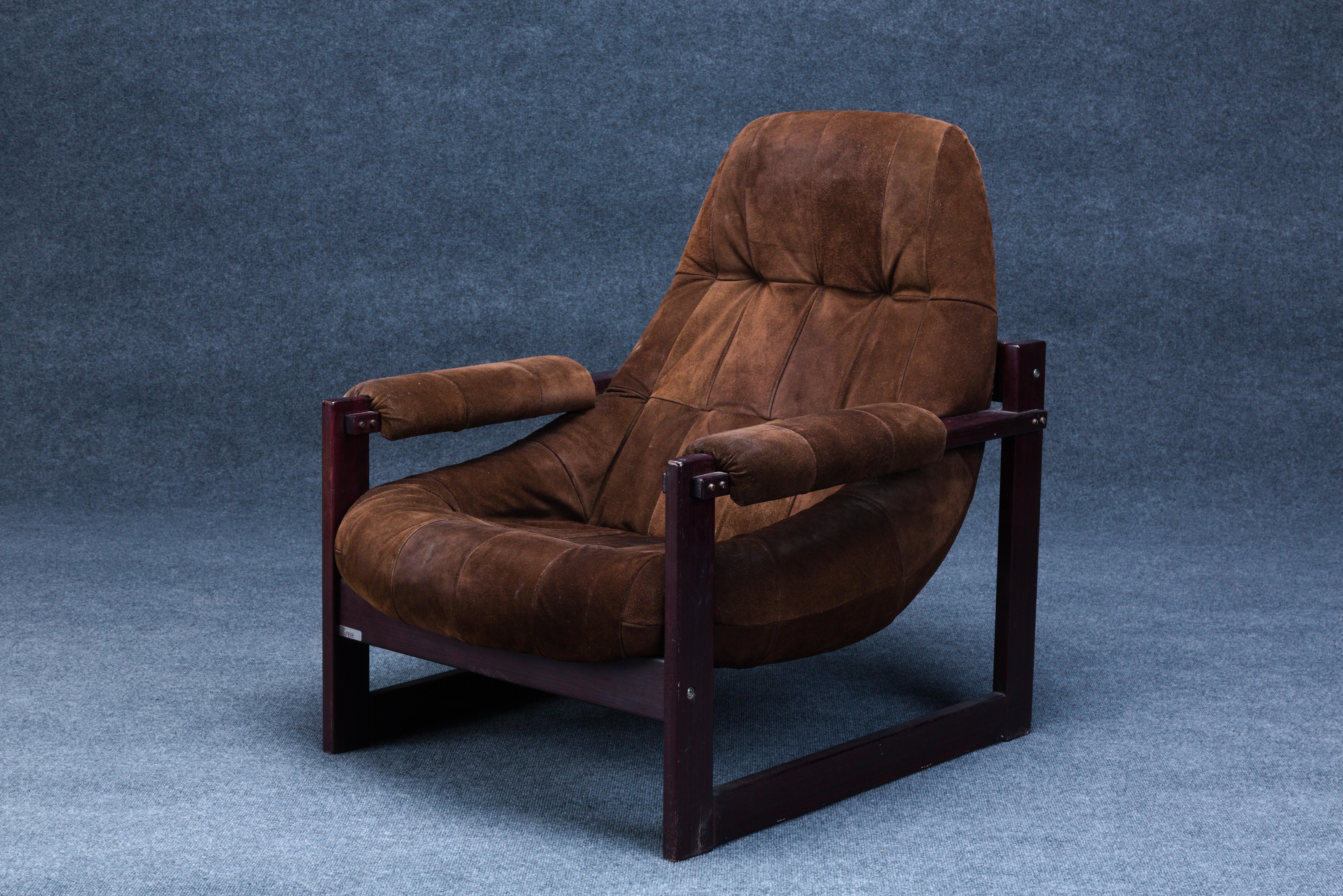 Brazilian Mid-Century Modern Armchair/Ottoman by Percival Lafer in Suede Leather For Sale 1