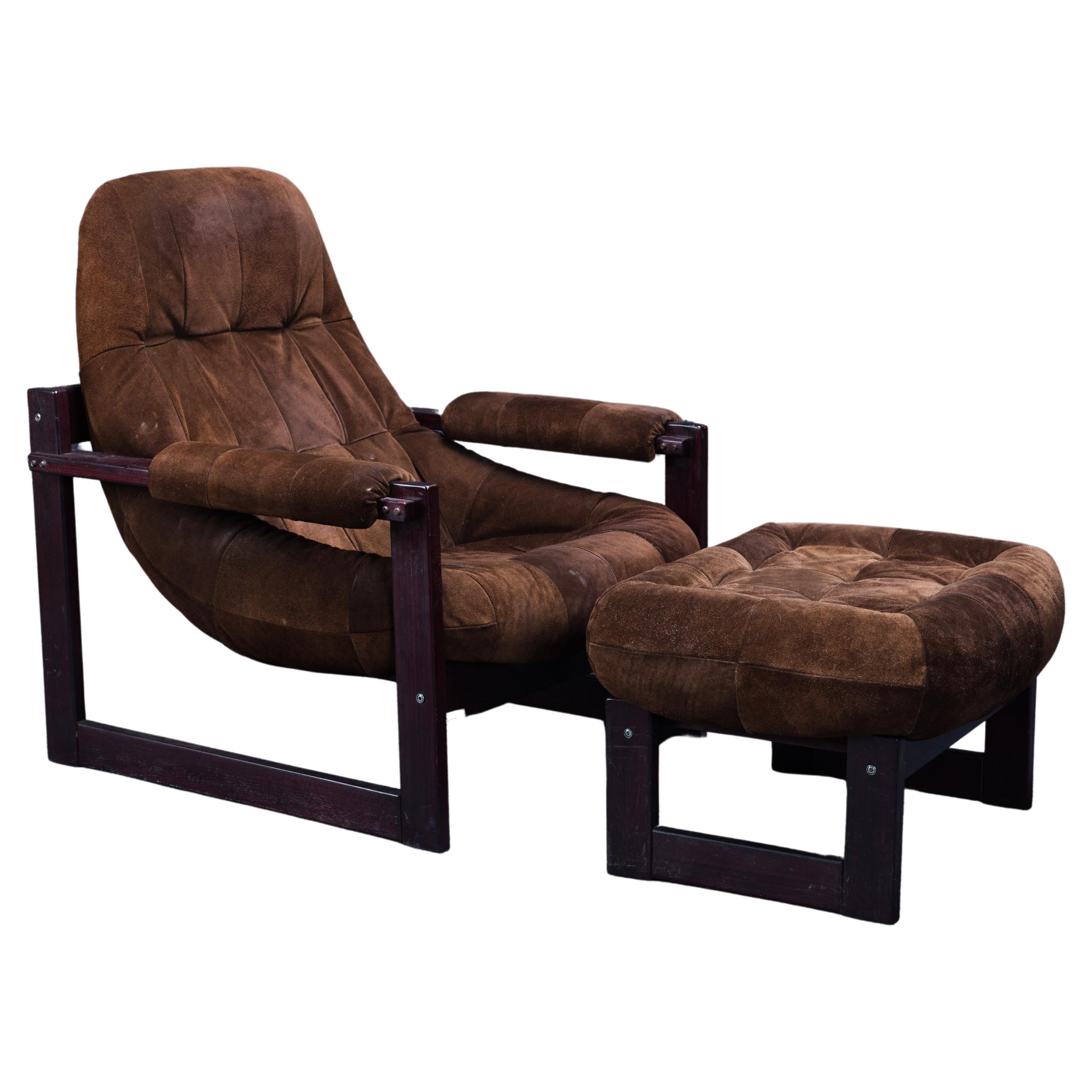 Brazilian Mid-Century Modern Armchair/Ottoman by Percival Lafer in Suede Leather For Sale