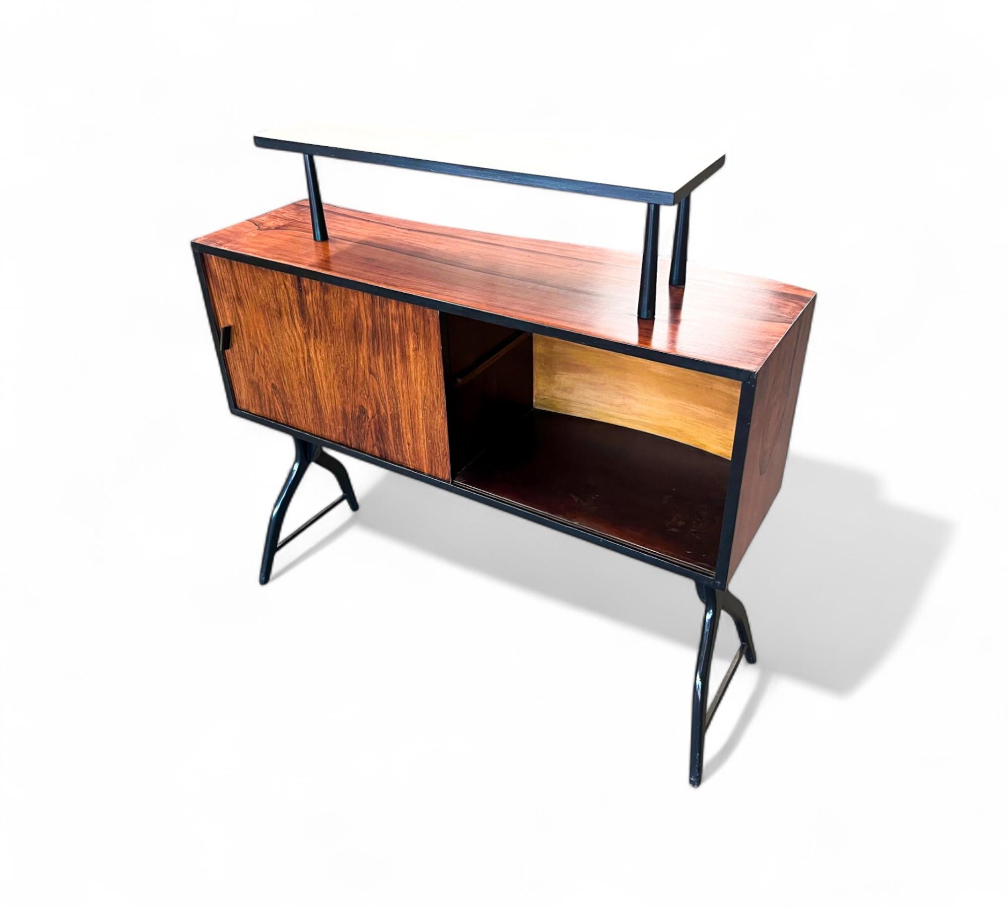 Metal Brazilian Mid-century Modern Bar with Curved Shape in Two Woods, c. 1950s For Sale