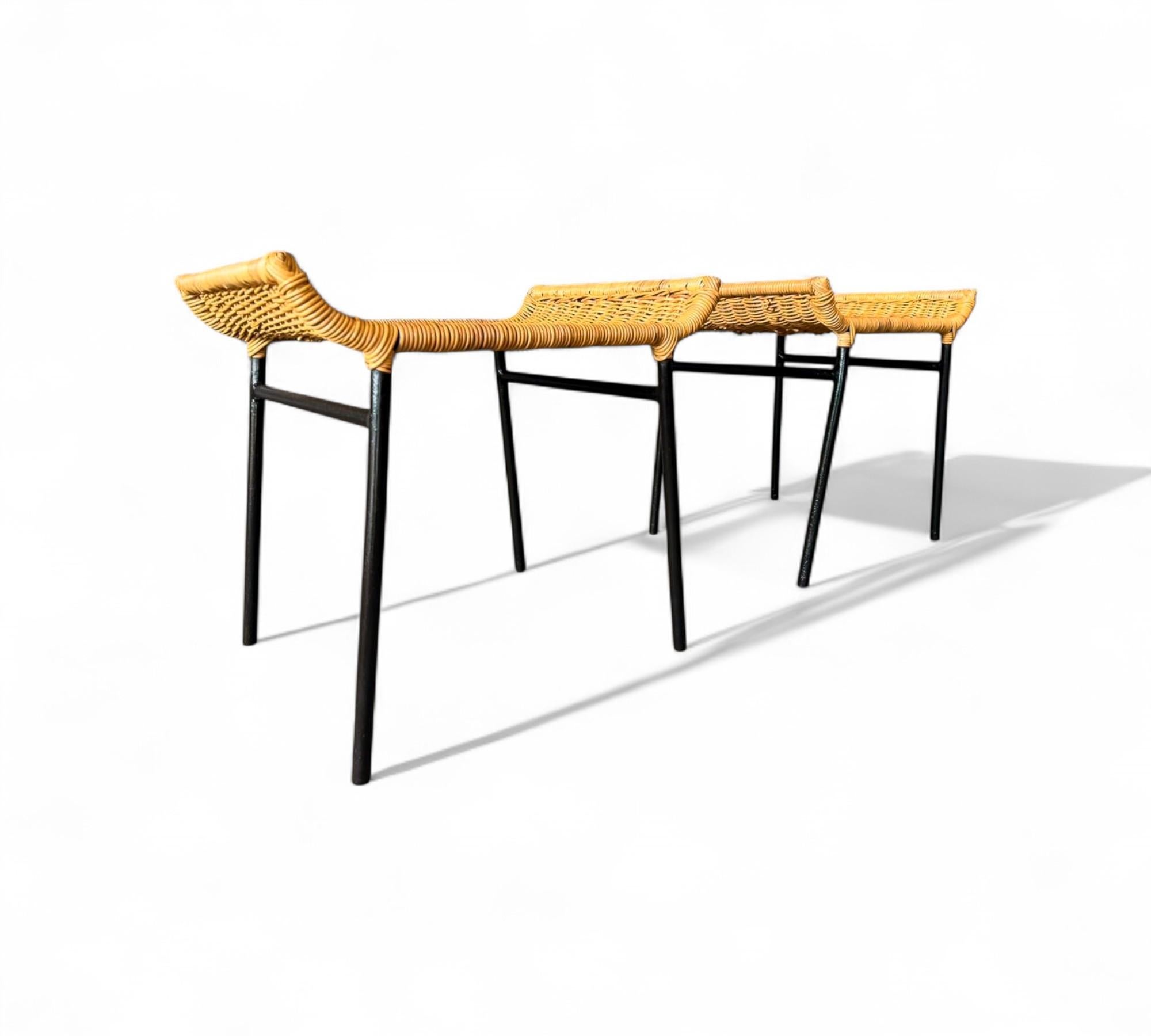 Brazilian Mid-Century Modern Caned Stools with Iron Frame, Carlo Hauner, 1950s (Metallarbeit) im Angebot