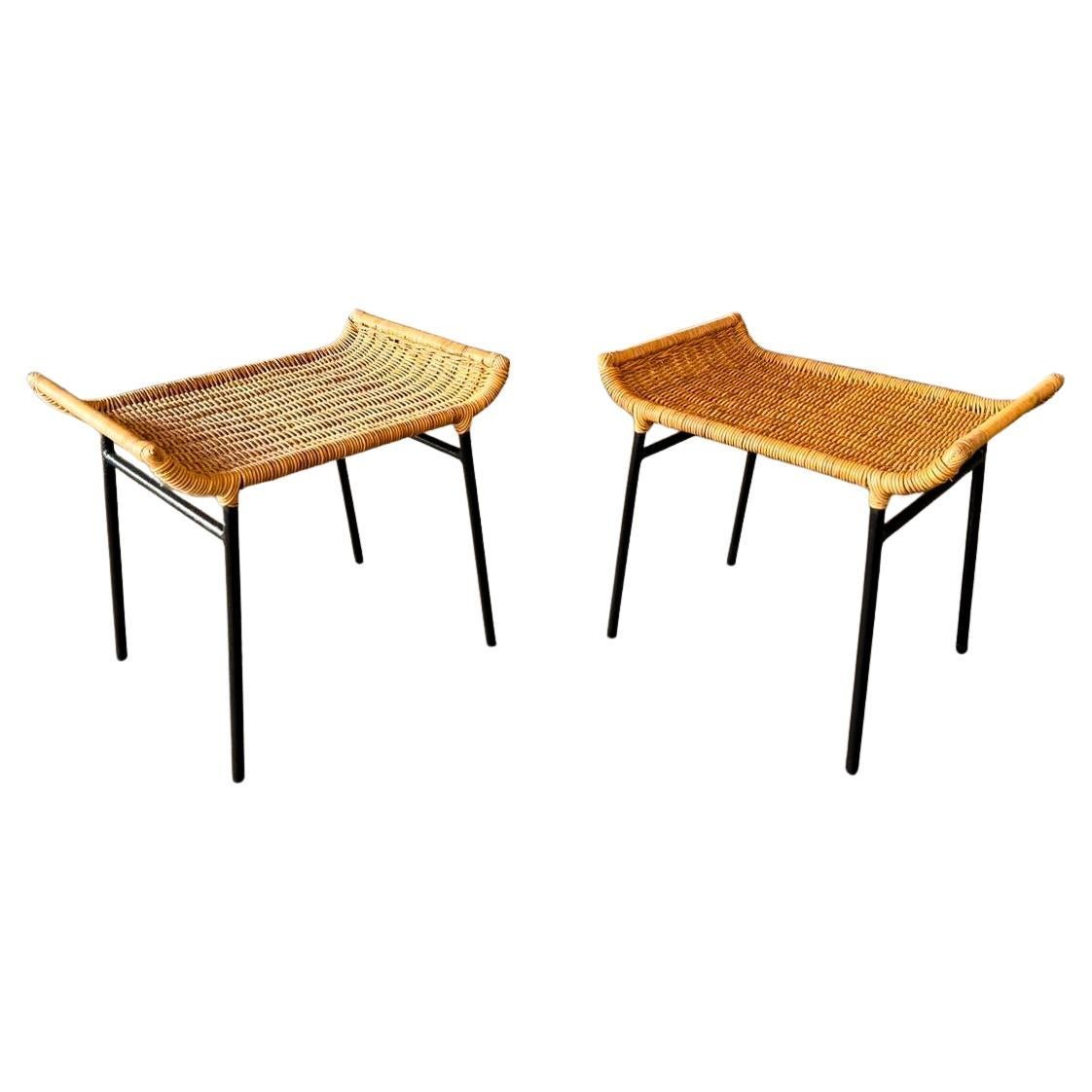 Brazilian Mid-Century Modern Caned Stools with Iron Frame, Carlo Hauner, 1950s