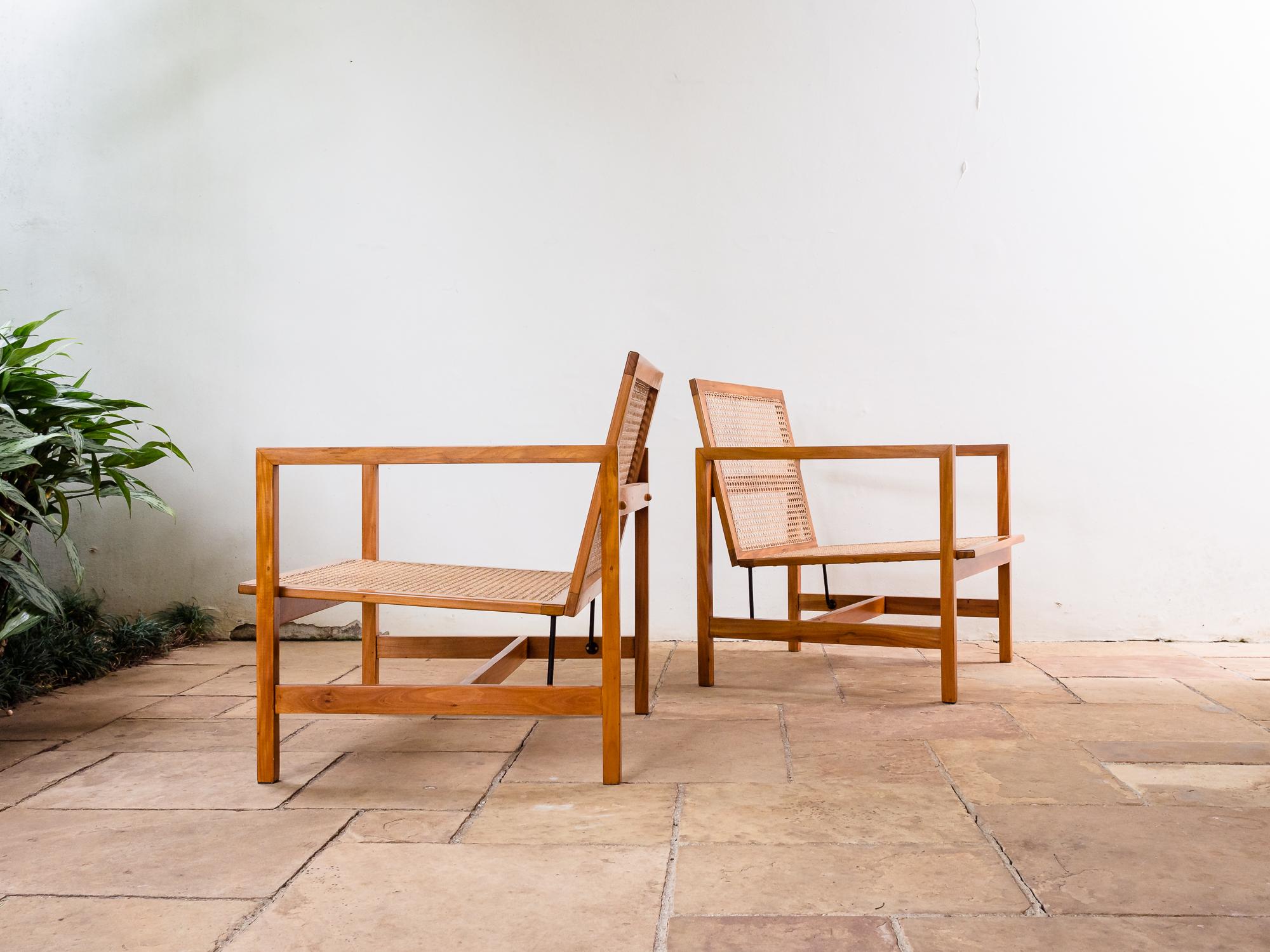 Brazilian Mid-Century Modern Lounge Chairs in Hardwood and Natural Cane In Good Condition In Sao Paulo, SP