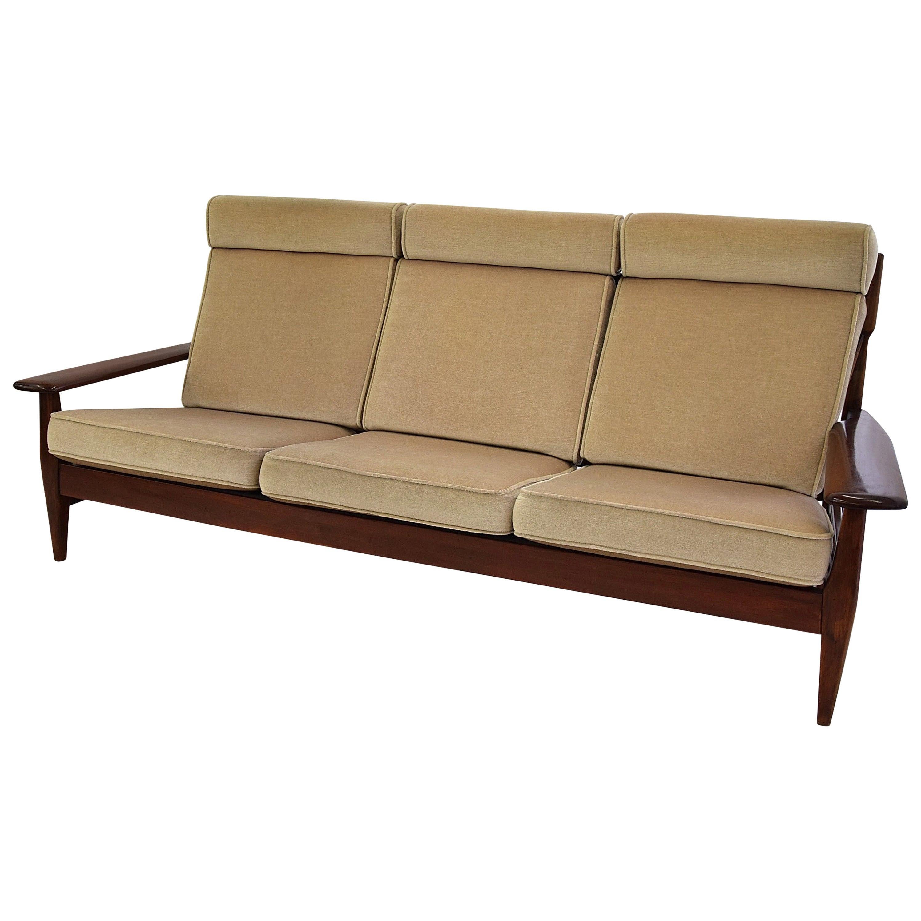 Brazilian Mid-Century Modern Jatoba and Beige Mohair Sofa For Sale