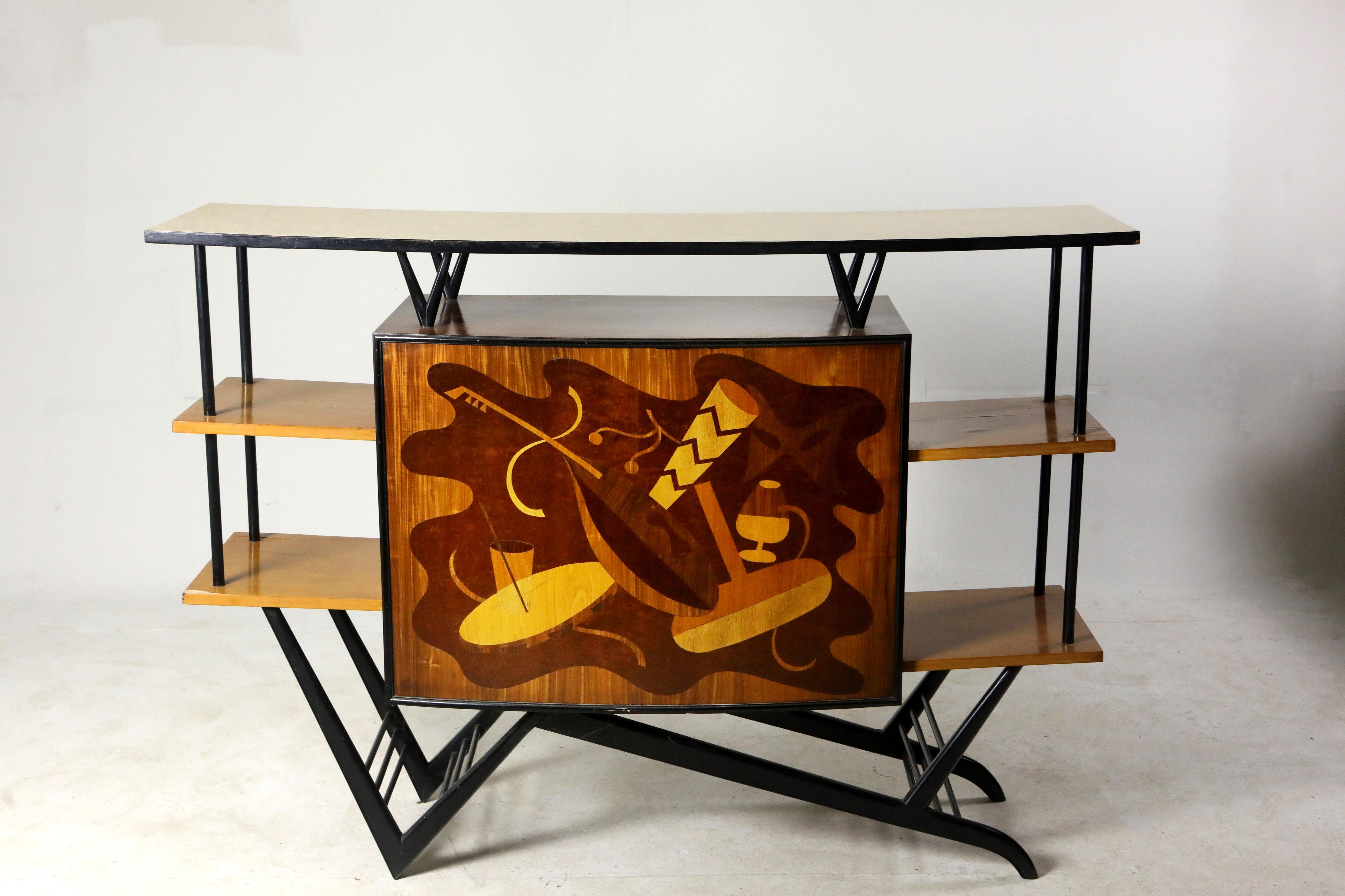 Hardwood Brazilian Mid-Century Modern Musical Theme Marquetry Dry Bar, Brazil, 1950s