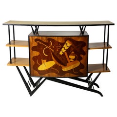 Brazilian Mid-Century Modern Musical Theme Marquetry Dry Bar, Brazil, 1950s