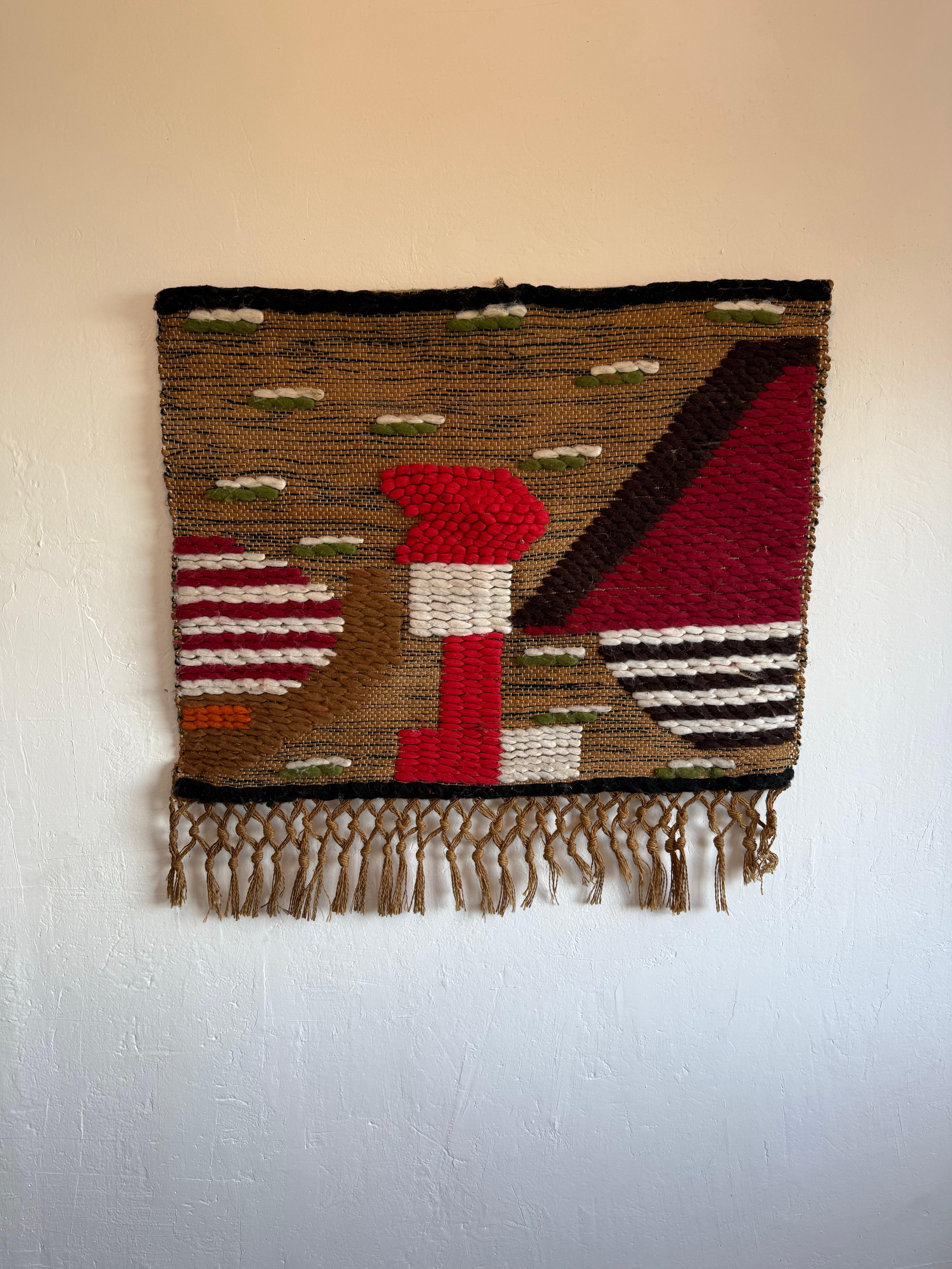 Mid-Century Brazilian modern hanging wall art tapestry made of natural fiber circa 1970s.  Artist unknown.

Ships from Brazil.