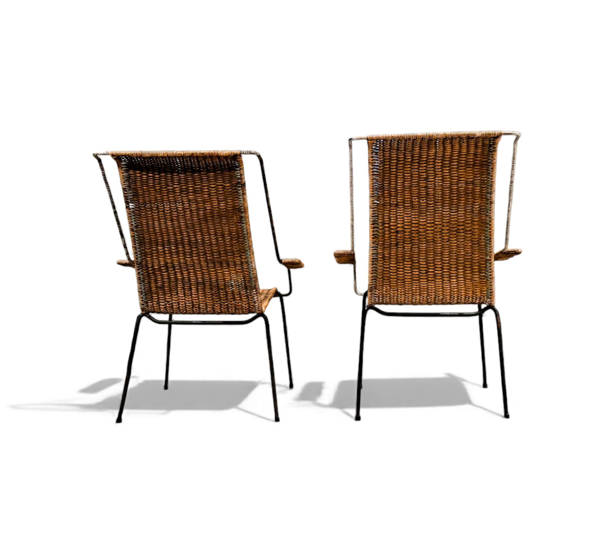 Brésilien Brazilian Mid-Century Modern Pair of Armchairs Cane & Iron, Carlo Hauner, 1950s en vente