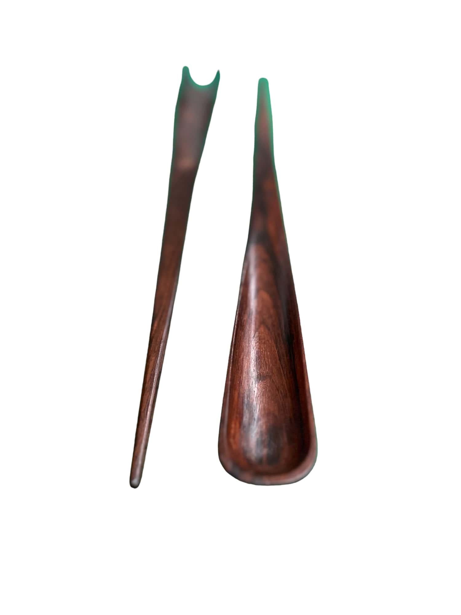 Available today, this Brazilian Mid-Century Modern salad fork set was designed by Jean Gillon. Handcrafted from hard rosewood (also known as Jacaranda), the set of forks feature clean lines with elegant curves. The rosewood has a deep, dark, and