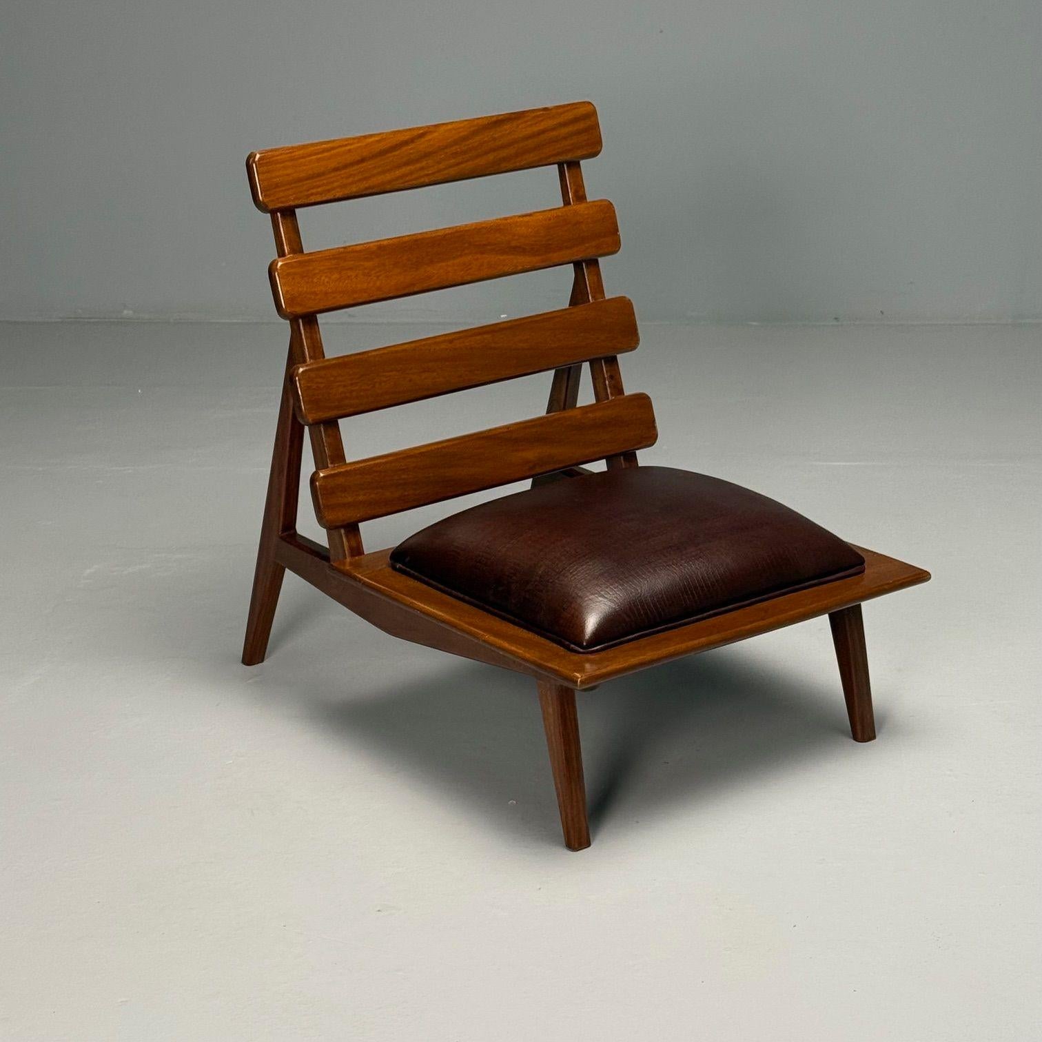20th Century Brazilian Mid-Century Modern, Sculptural Lounge Chairs, Mahogany, Leather