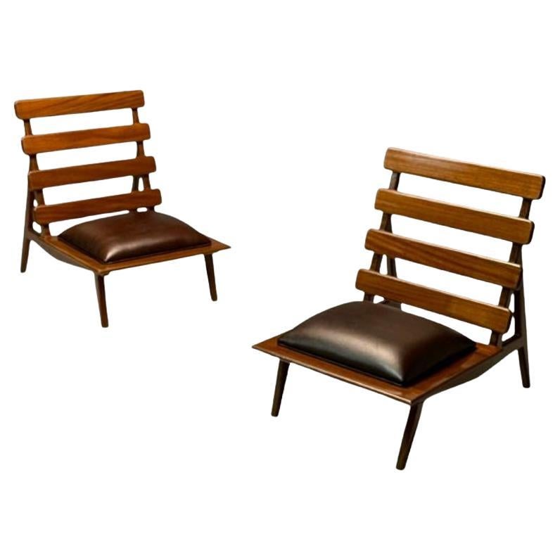 Brazilian Mid-Century Modern, Sculptural Lounge Chairs, Mahogany, Leather