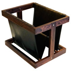 Brazilian Mid-Century Modern Solid Rosewood and Leather Magazine Rack