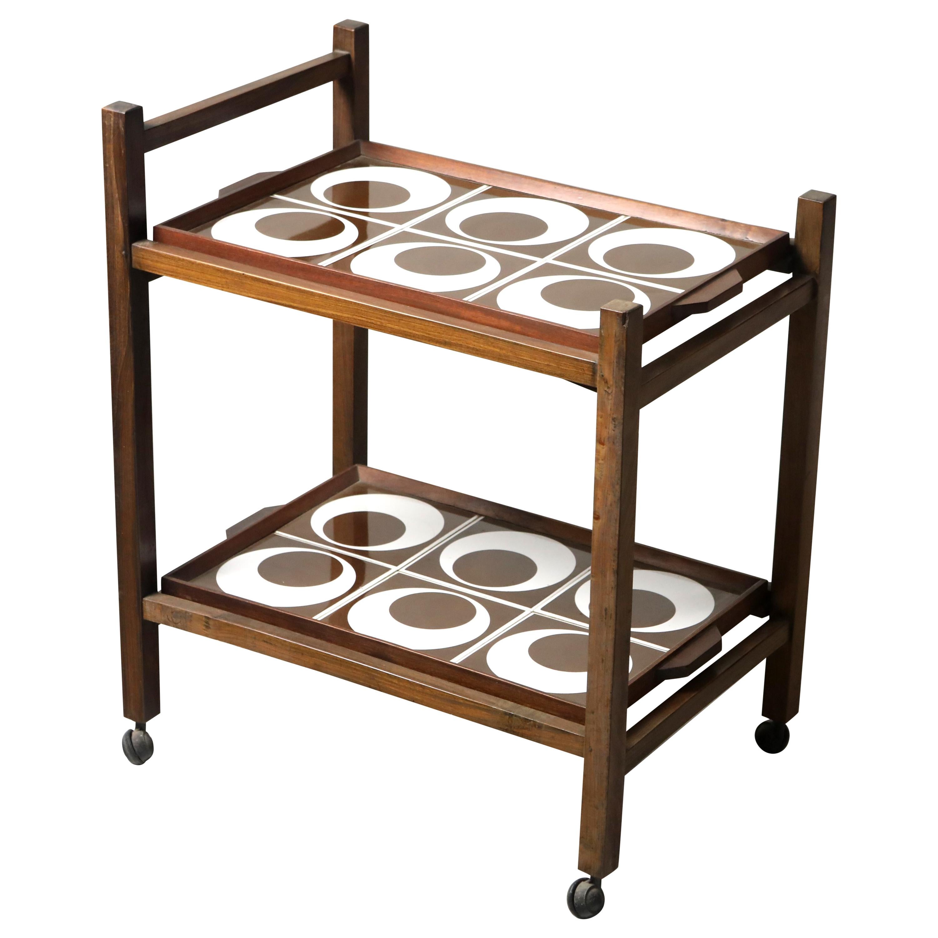 Brazilian Mid-Century Modern Tile and Hardwood Tea-Cart, Brazil, 1960s