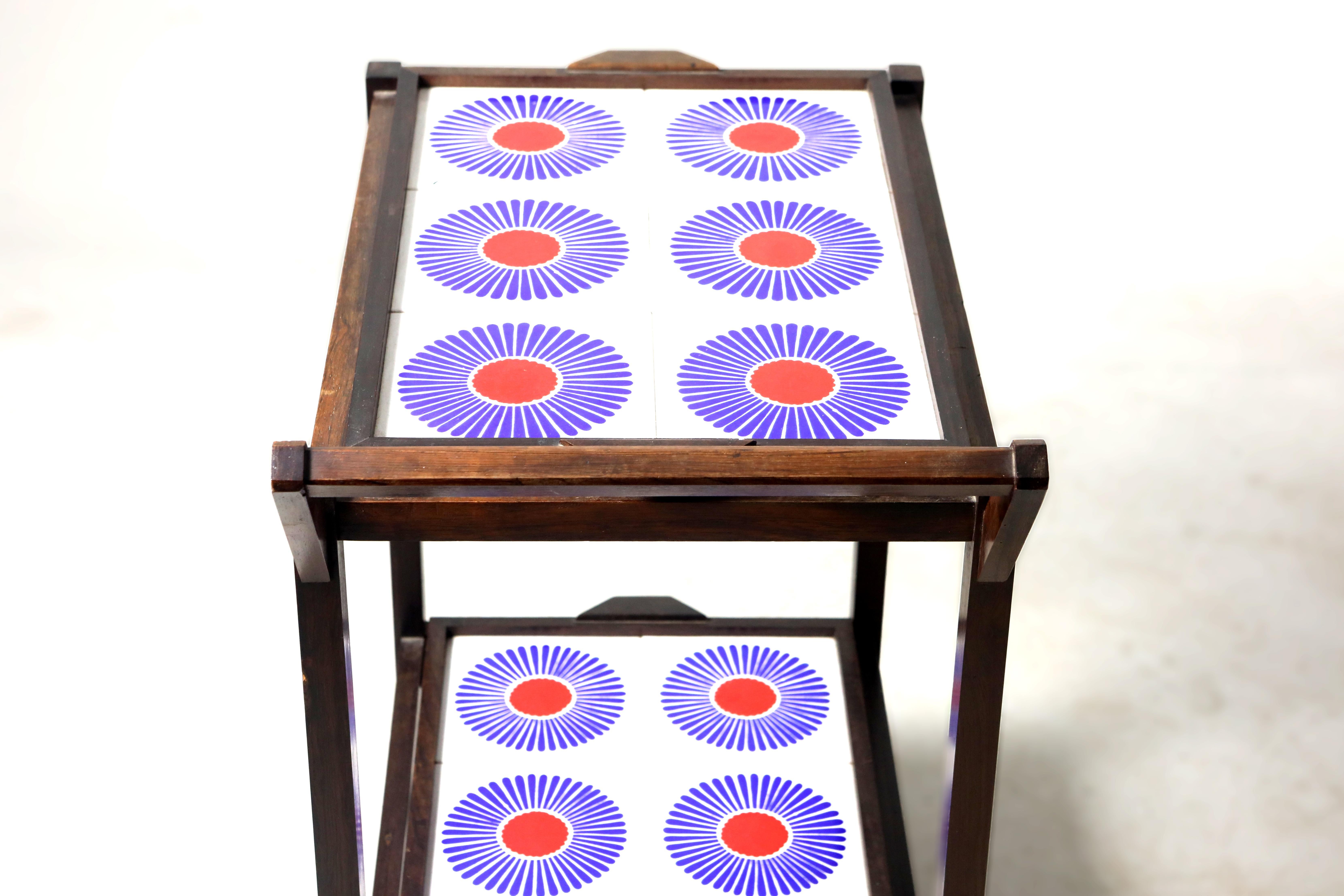 Varnished Brazilian Mid-Century Modern Tiled Tea-Cart with Removable Trays, Brazil, 1960s For Sale