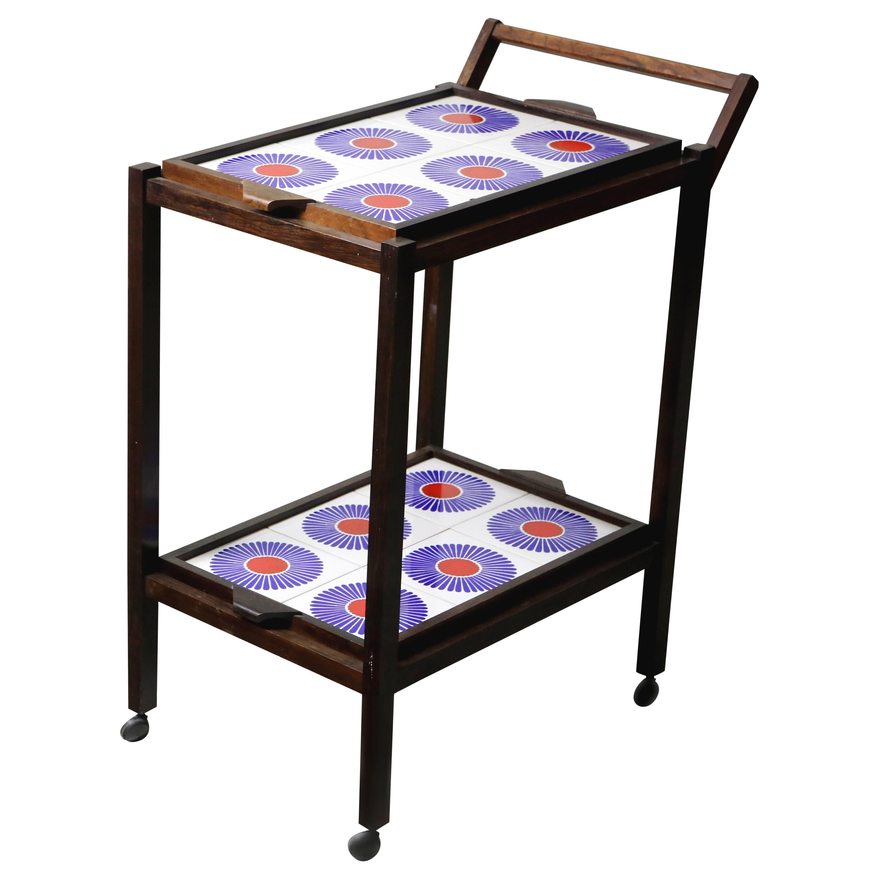 Brazilian Mid-Century Modern Tiled Tea-Cart with Removable Trays, Brazil, 1960s For Sale