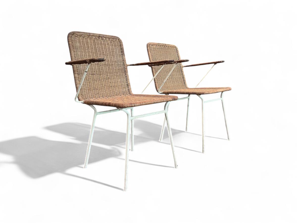 Mid-Century moderno Coppia di poltrone brasiliane di metà secolo in canna e ferro di Carlo Hauner, 1950 ca. in vendita