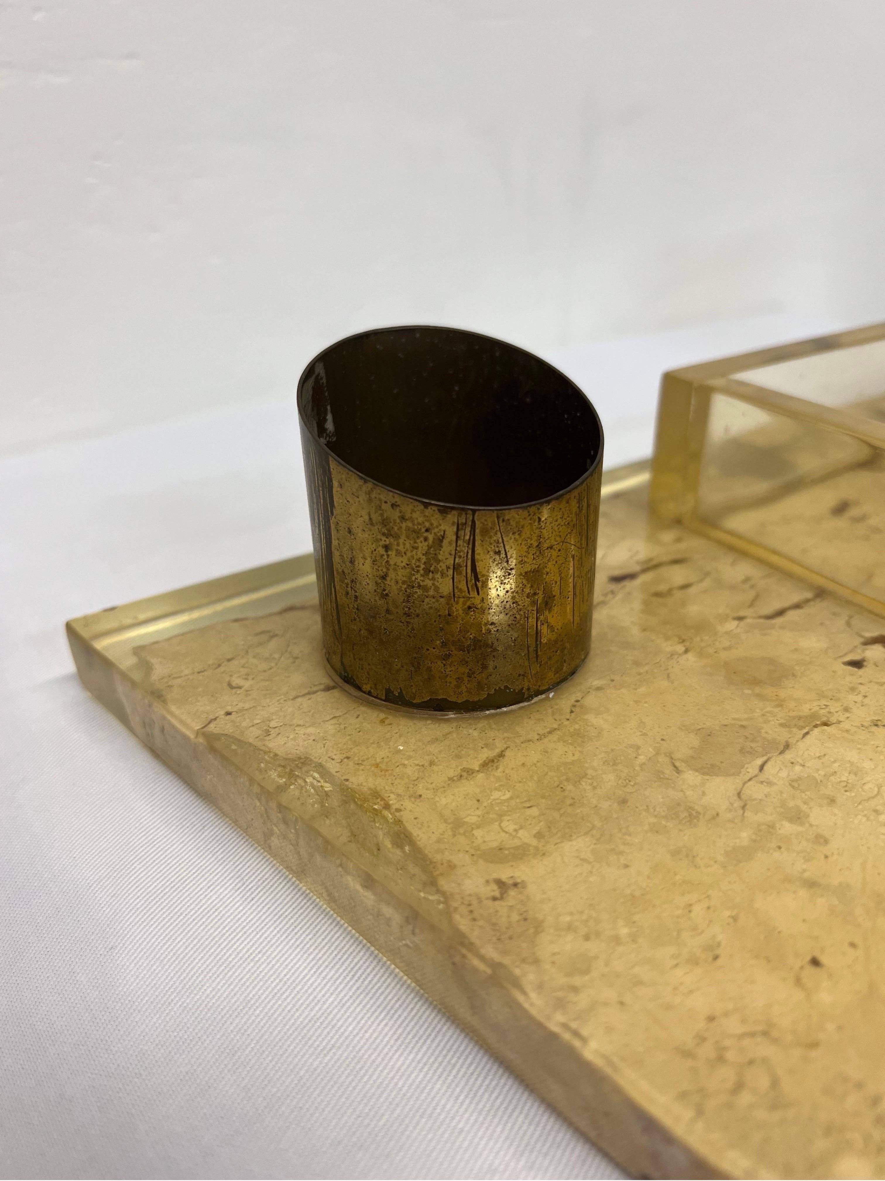 Brazilian Mid-Century Resin Encased Travertine Desk Organizer, 1970s For Sale 7