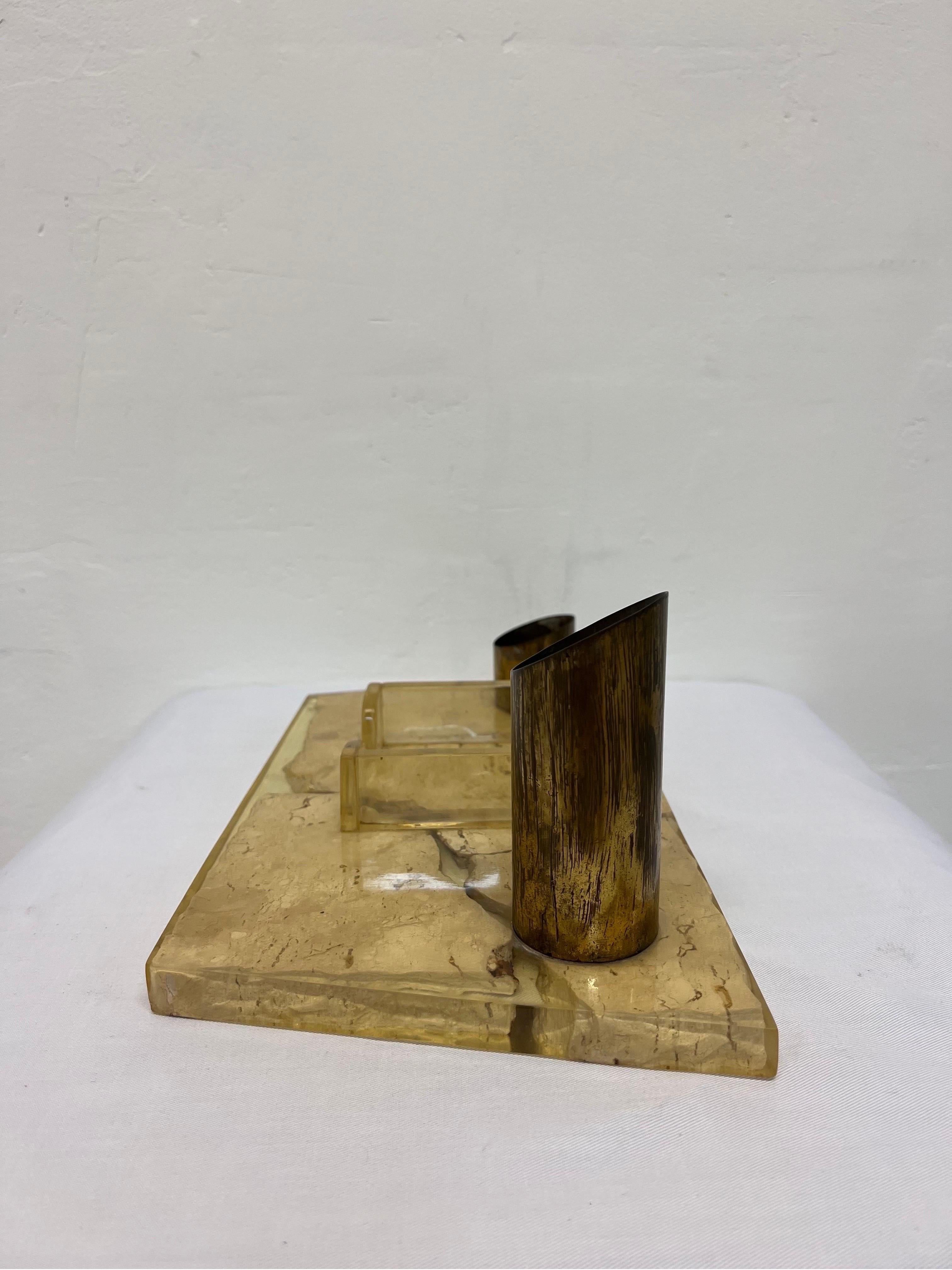 Brass Brazilian Mid-Century Resin Encased Travertine Desk Organizer, 1970s For Sale