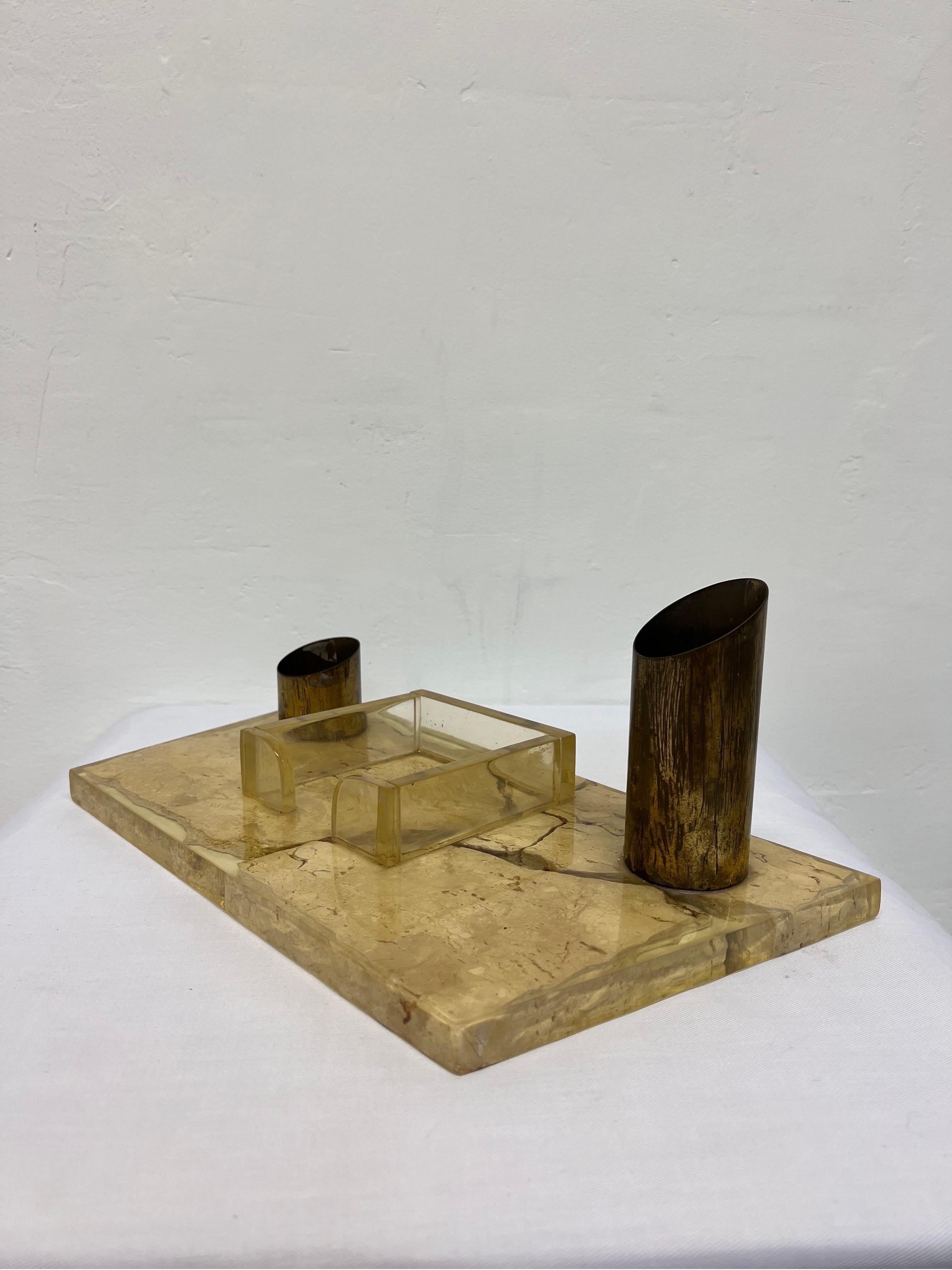 Brazilian Mid-Century Resin Encased Travertine Desk Organizer, 1970s For Sale 1