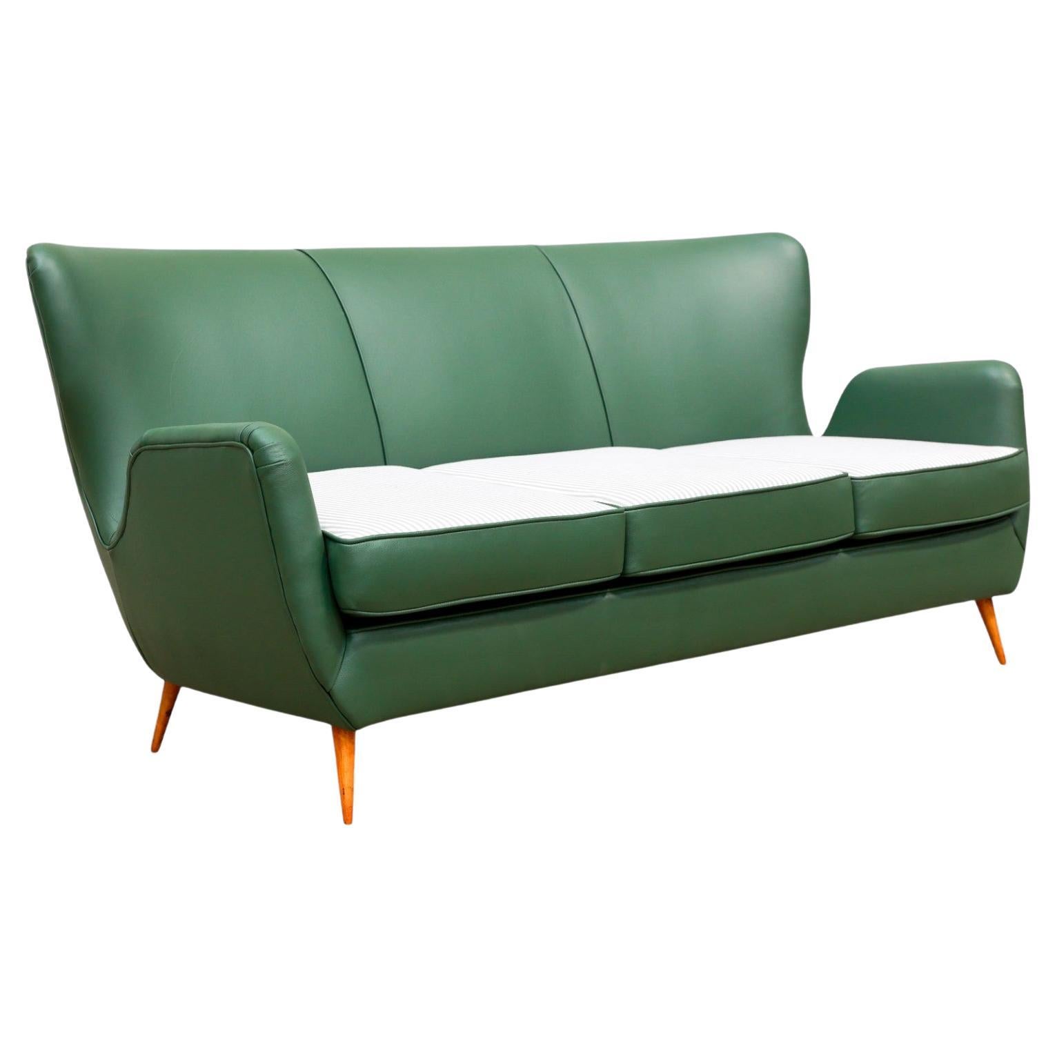 Brazilian Mid-Century Sofa in Hardwood, Leather and Fabric by Carlo Hauner 1950s For Sale