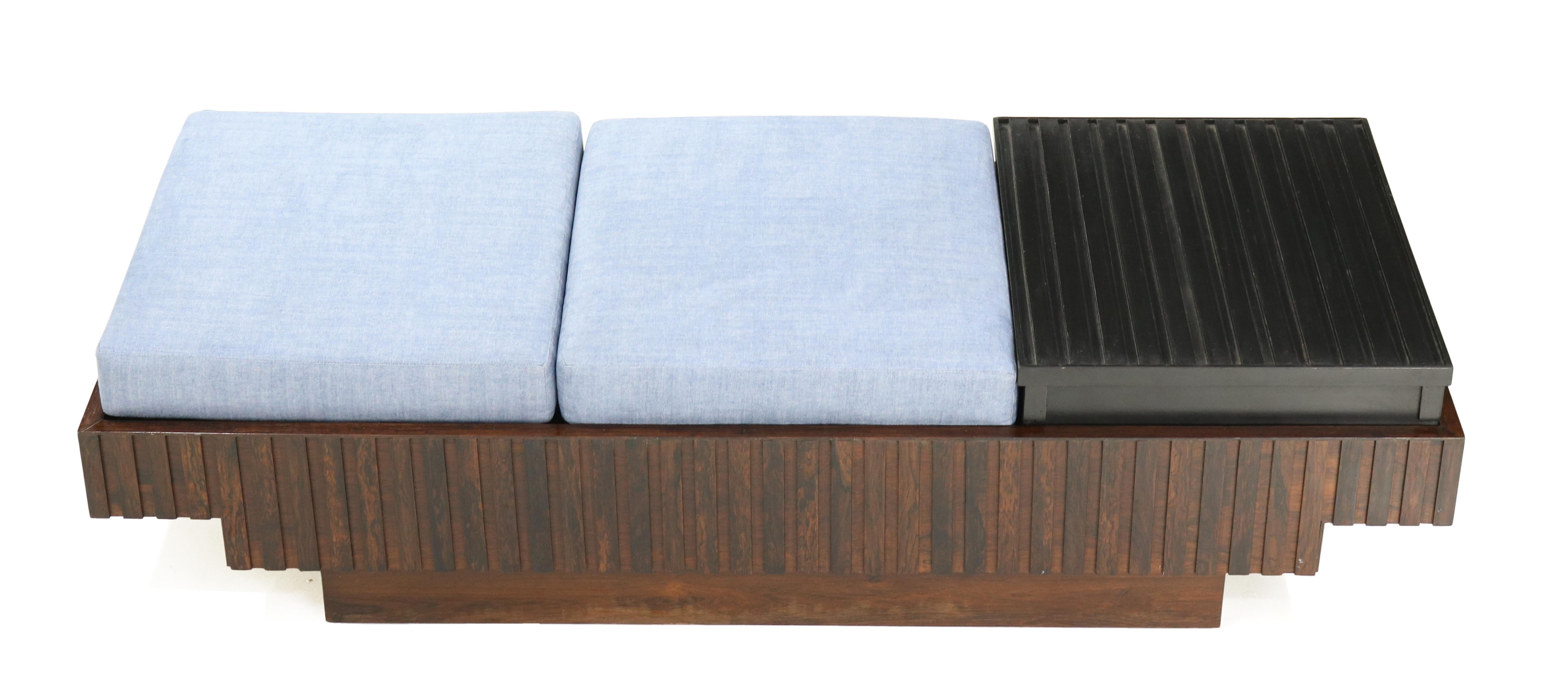 Brazilian Midcentury Bench in Jacaranda and Blue Fabric In Good Condition In Sao Paulo, SP