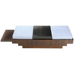 Brazilian Midcentury Bench in Jacaranda and Blue Fabric