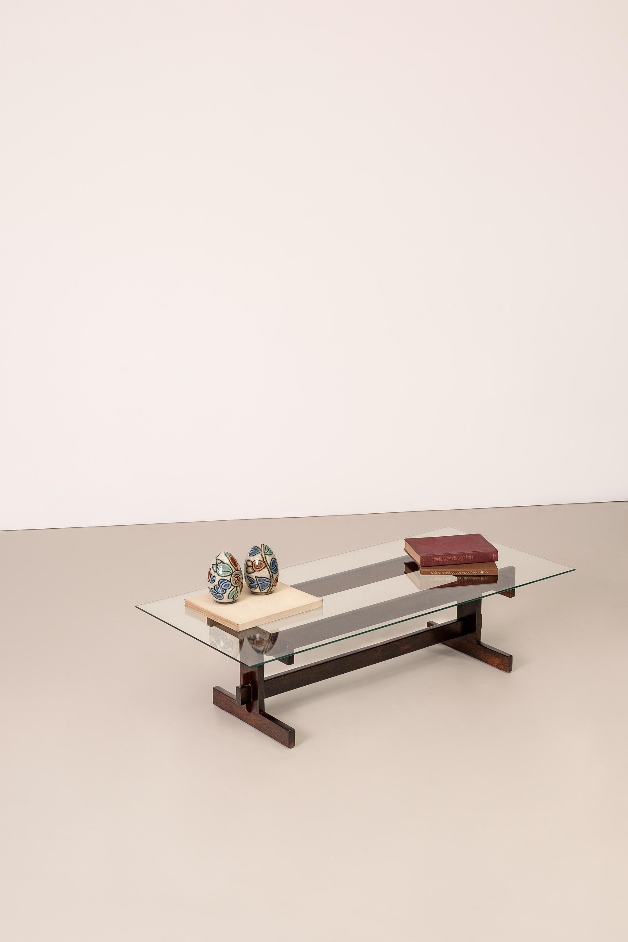 Woodwork Brazilian Midcentury Center Table in Rosewood and Glass, c. 1970