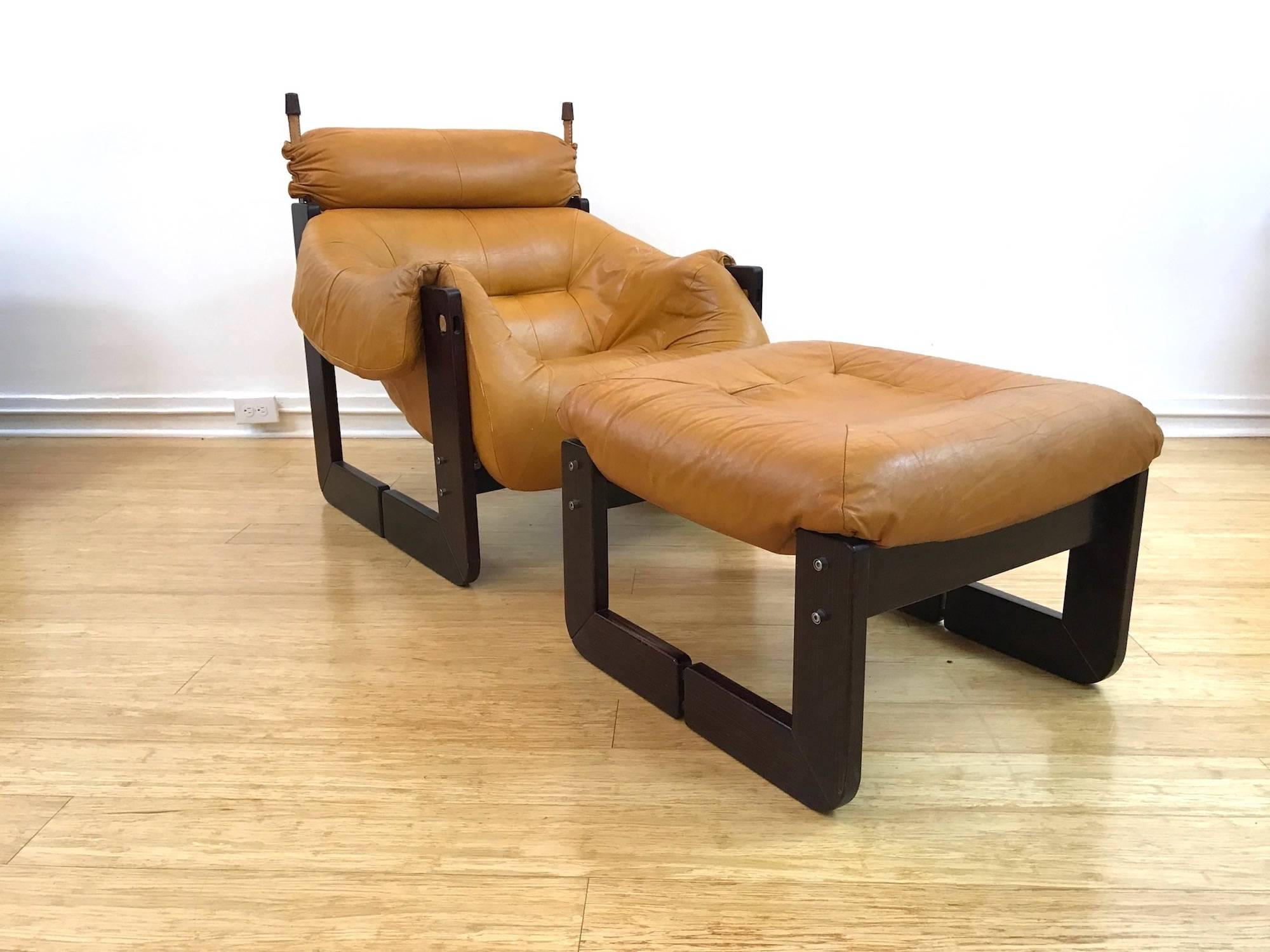 Mid-Century Modern Brazilian Midcentury Percival Lafer Chair and Ottoman in Leather and Jatobah