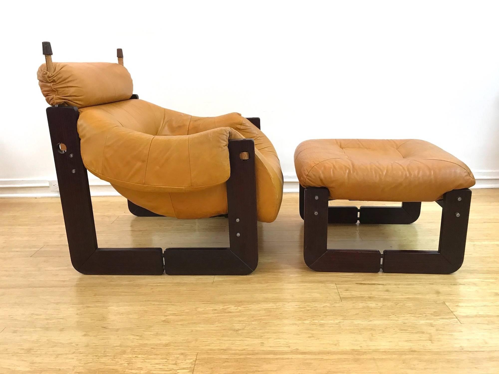Brazilian Midcentury Percival Lafer Chair and Ottoman in Leather and Jatobah In Good Condition In Belmont, MA
