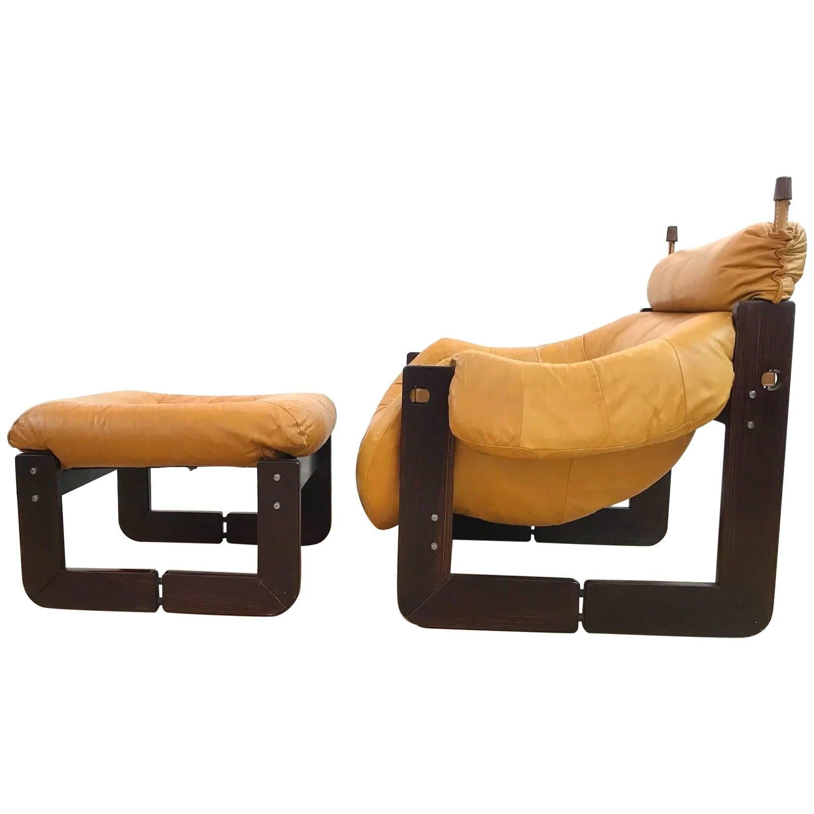 Chaise et pouf brésiliens Percival Lafer du milieu du siècle en cuir et jatobah