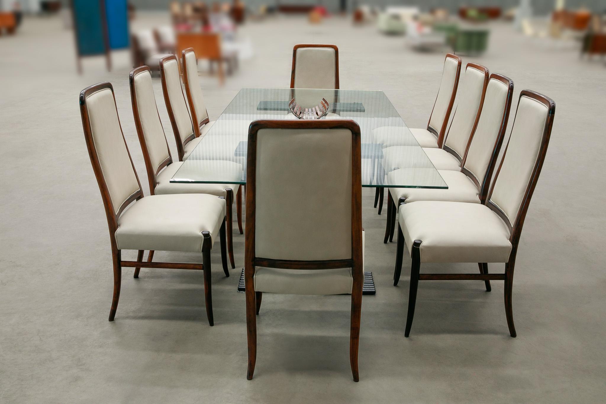 Brazilian Modern 10 Chair Set in Hardwood & Beige Leather Joaquim Tenreiro 1960s For Sale 4