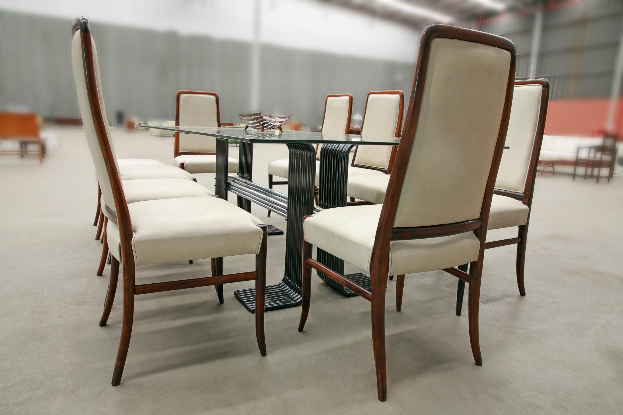 Brazilian Modern 10 Chair Set in Hardwood & Beige Leather Joaquim Tenreiro 1960s For Sale 5