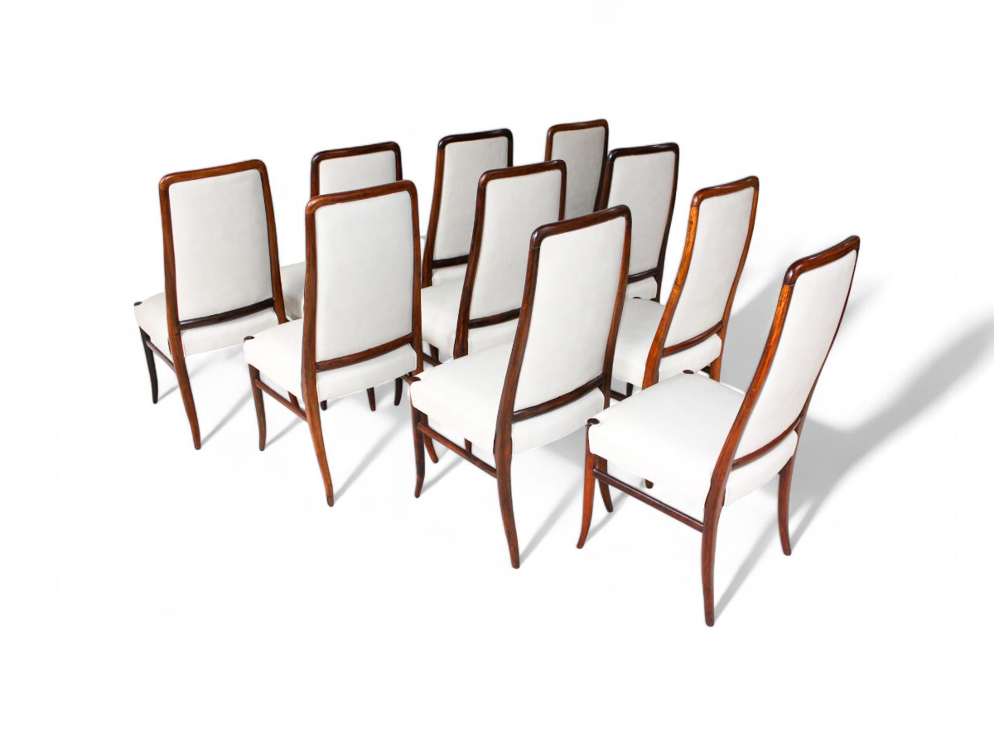 Brazilian Modern 10 Chair Set in Hardwood & Beige Leather Joaquim Tenreiro 1960s 5