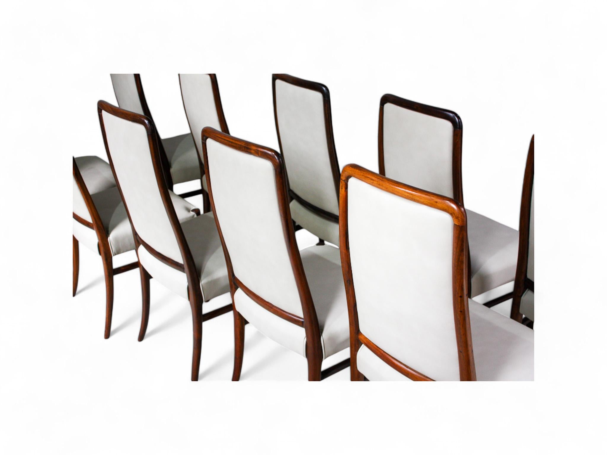 Brazilian Modern 10 Chair Set in Hardwood & Beige Leather Joaquim Tenreiro 1960s 6