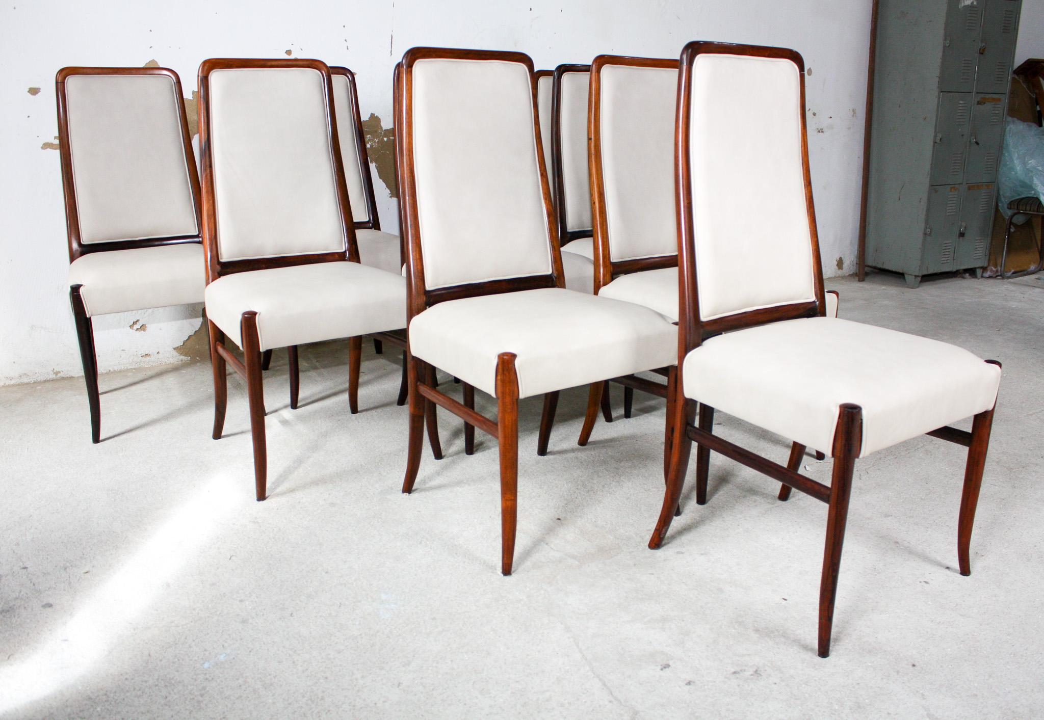 Mid-Century Modern Brazilian Modern 10 Chair Set in Hardwood & Beige Leather Joaquim Tenreiro 1960s For Sale
