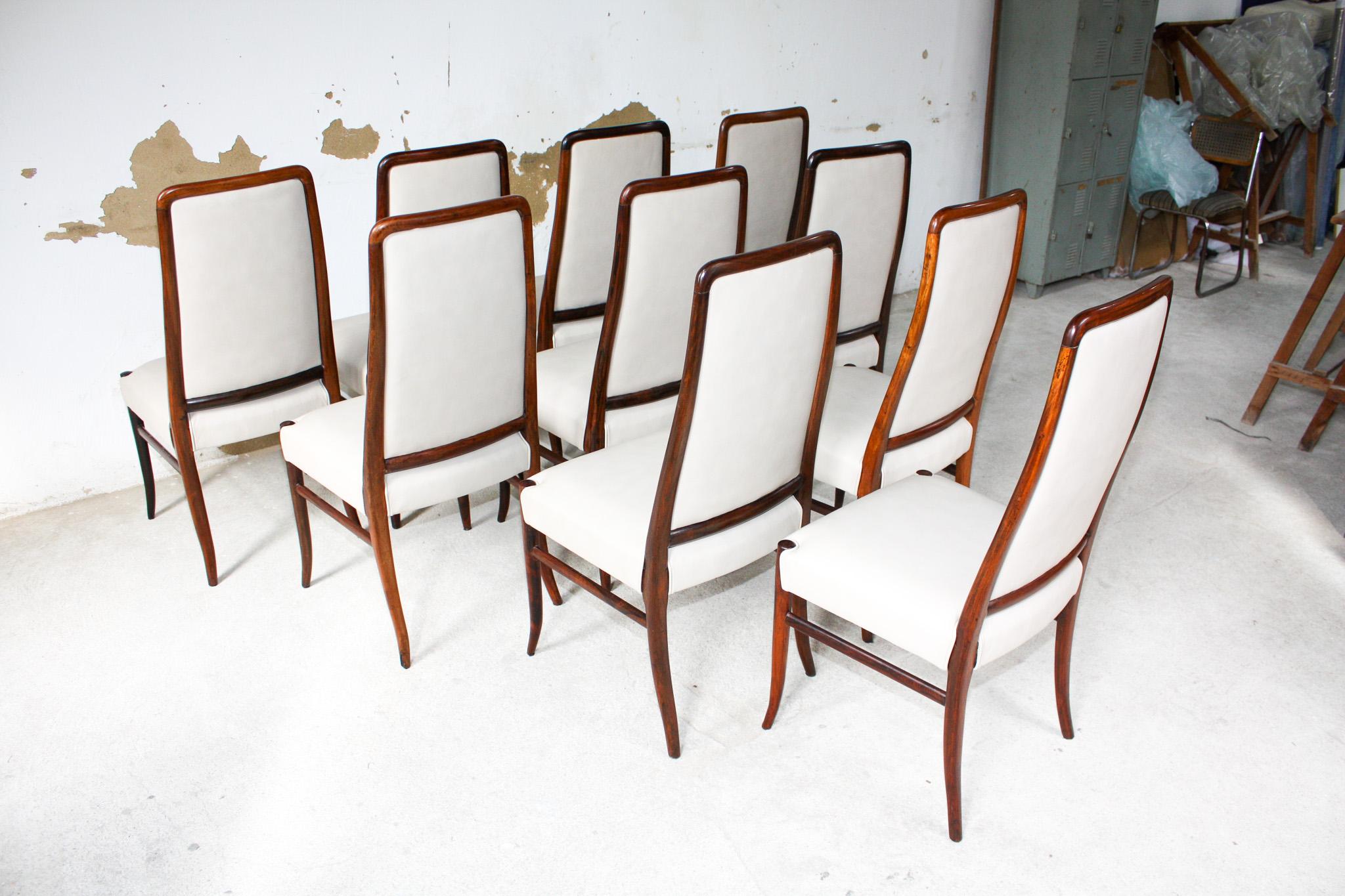 Hand-Carved Brazilian Modern 10 Chair Set in Hardwood & Beige Leather Joaquim Tenreiro 1960s For Sale