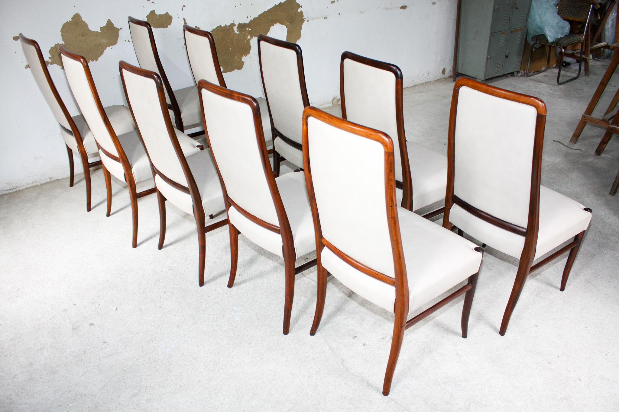 Brazilian Modern 10 Chair Set in Hardwood & Beige Leather Joaquim Tenreiro 1960s In Good Condition For Sale In New York, NY