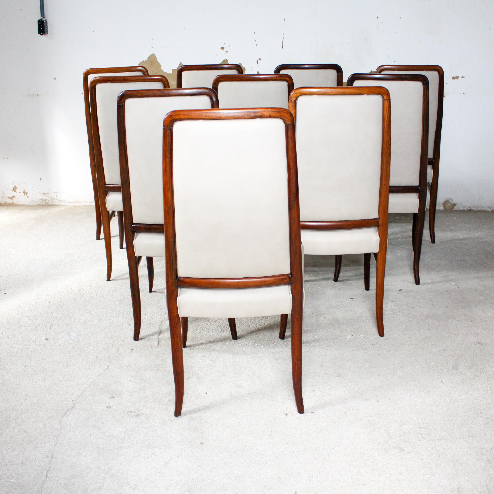 20th Century Brazilian Modern 10 Chair Set in Hardwood & Beige Leather Joaquim Tenreiro 1960s For Sale