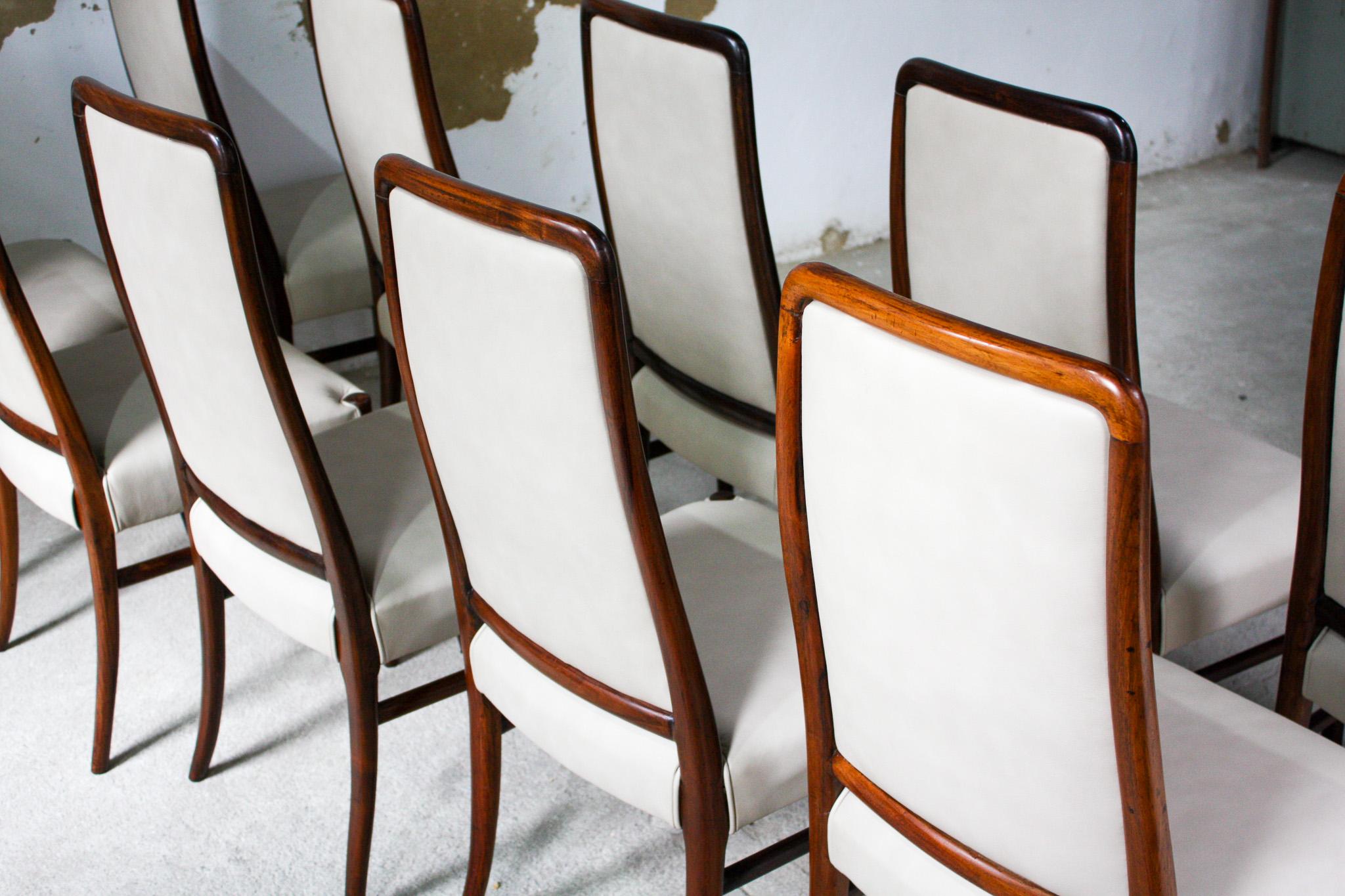 Brazilian Modern 10 Chair Set in Hardwood & Beige Leather Joaquim Tenreiro 1960s For Sale 1
