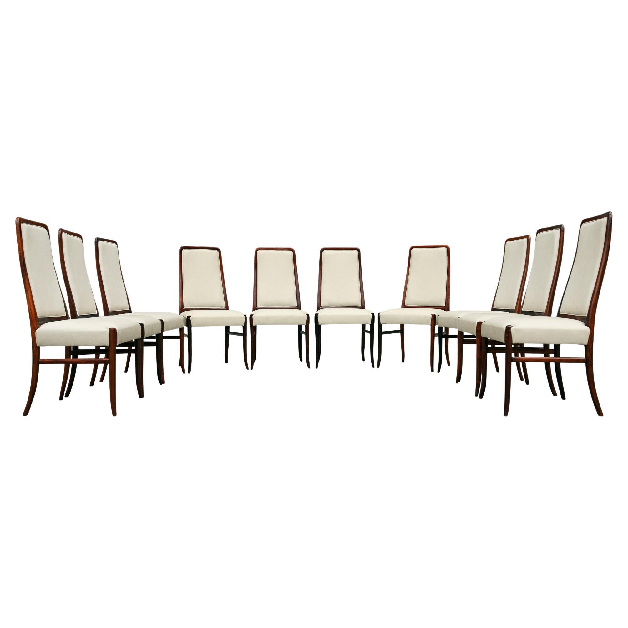 Ensemble de 10 chaises modernes brésiliennes en bois dur et cuir beige Joaquim Tenreiro, années 1960