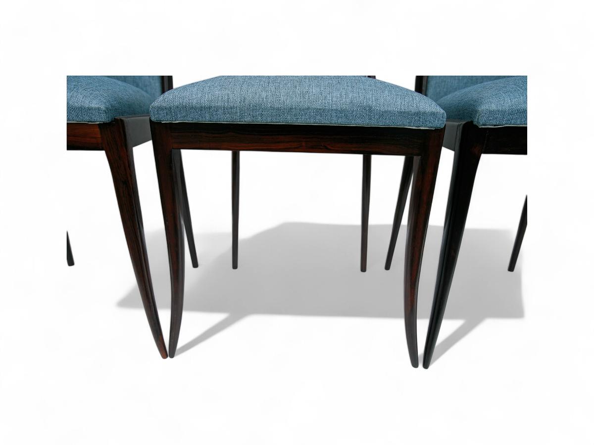 Brazilian Modern 4 Chair Set in Hardwood & Blue Fabric by G. Scapinelli, Brazi For Sale 3