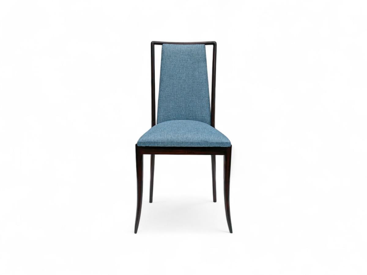 Mid-Century Modern Brazilian Modern 4 Chair Set in Hardwood & Blue Fabric by G. Scapinelli, Brazi For Sale