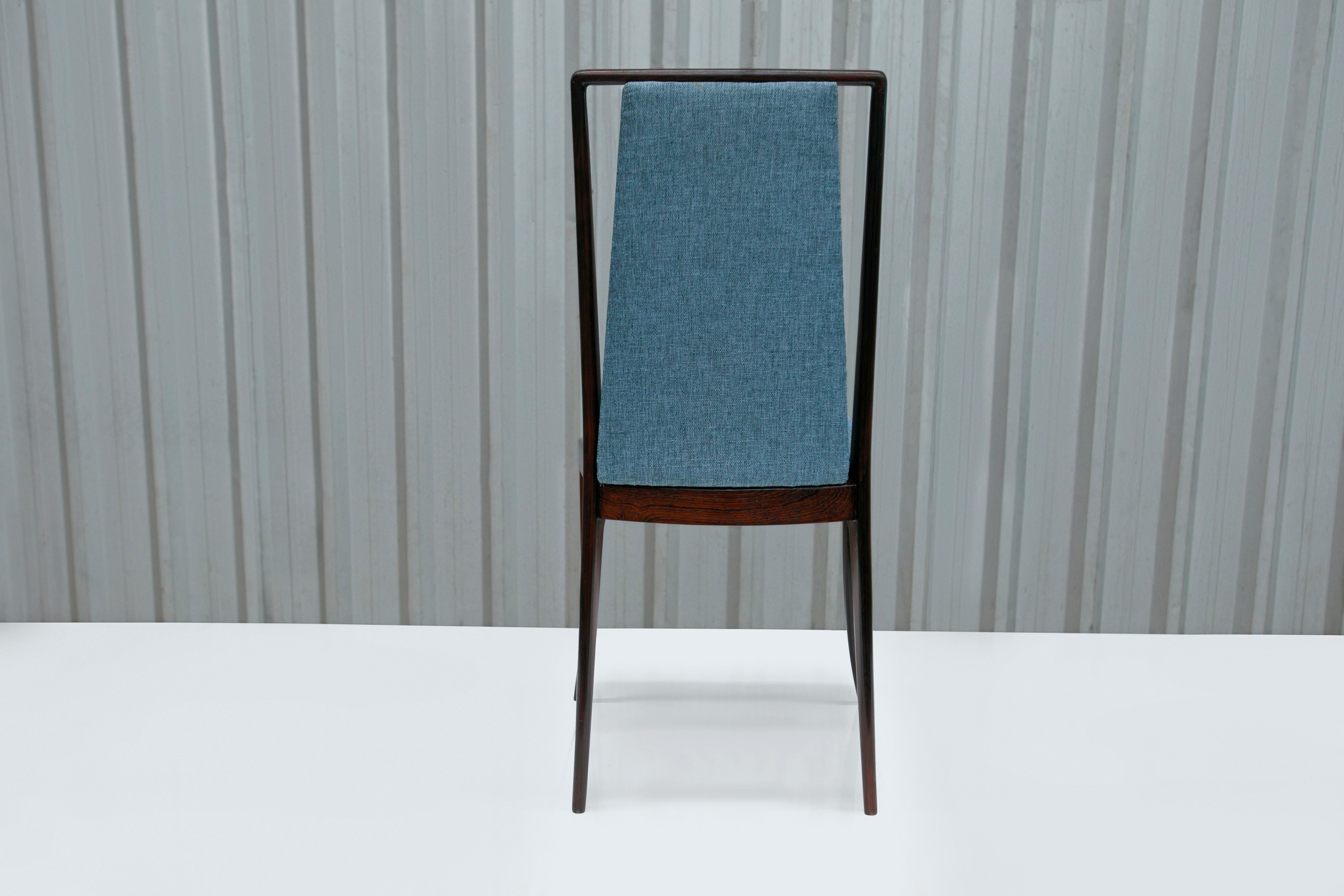 Woodwork Brazilian Modern 4 Chair Set in Hardwood & Blue Fabric by G. Scapinelli, Brazi For Sale