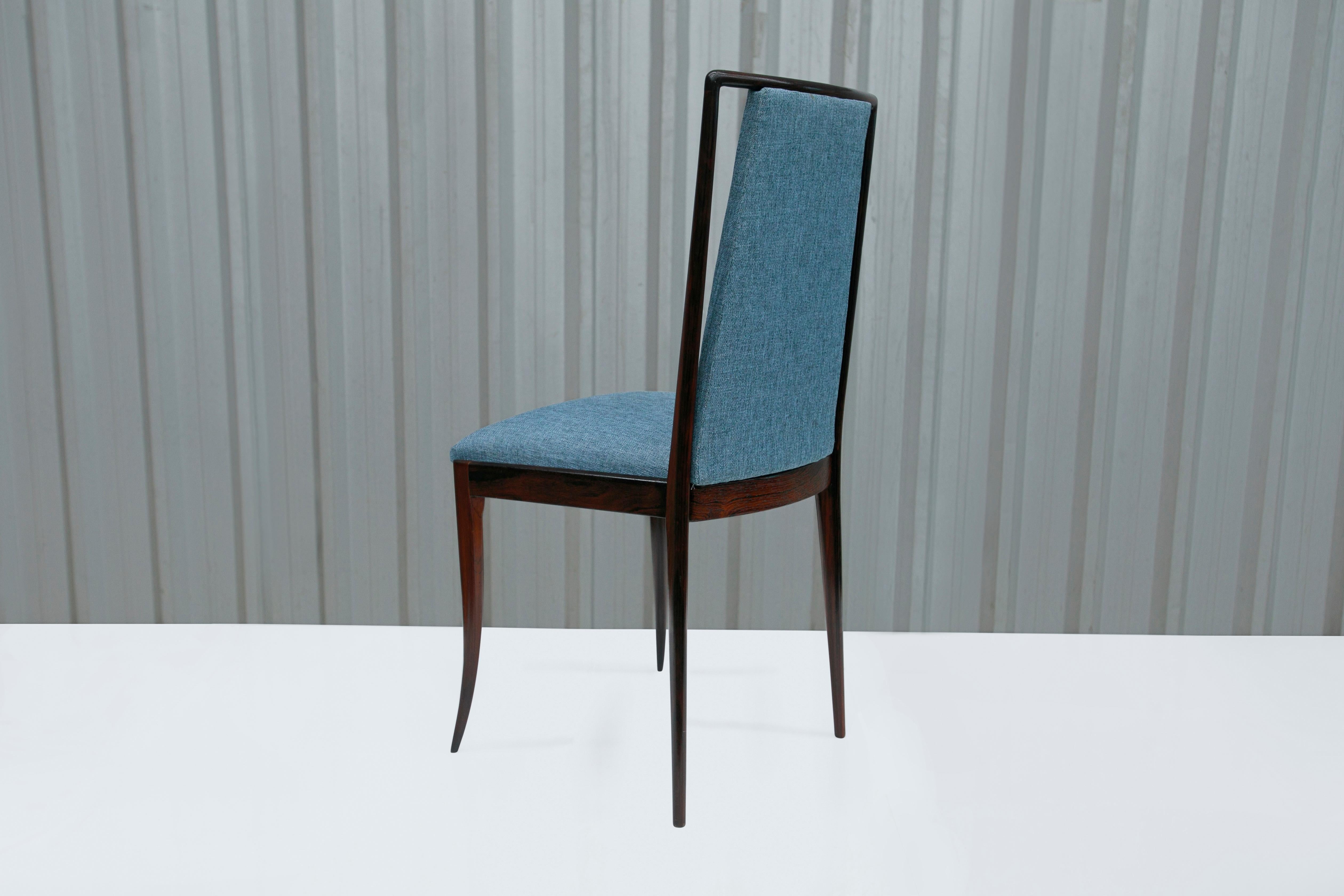 Brazilian Modern 4 Chair Set in Hardwood & Blue Fabric by G. Scapinelli, Brazi In Good Condition For Sale In New York, NY