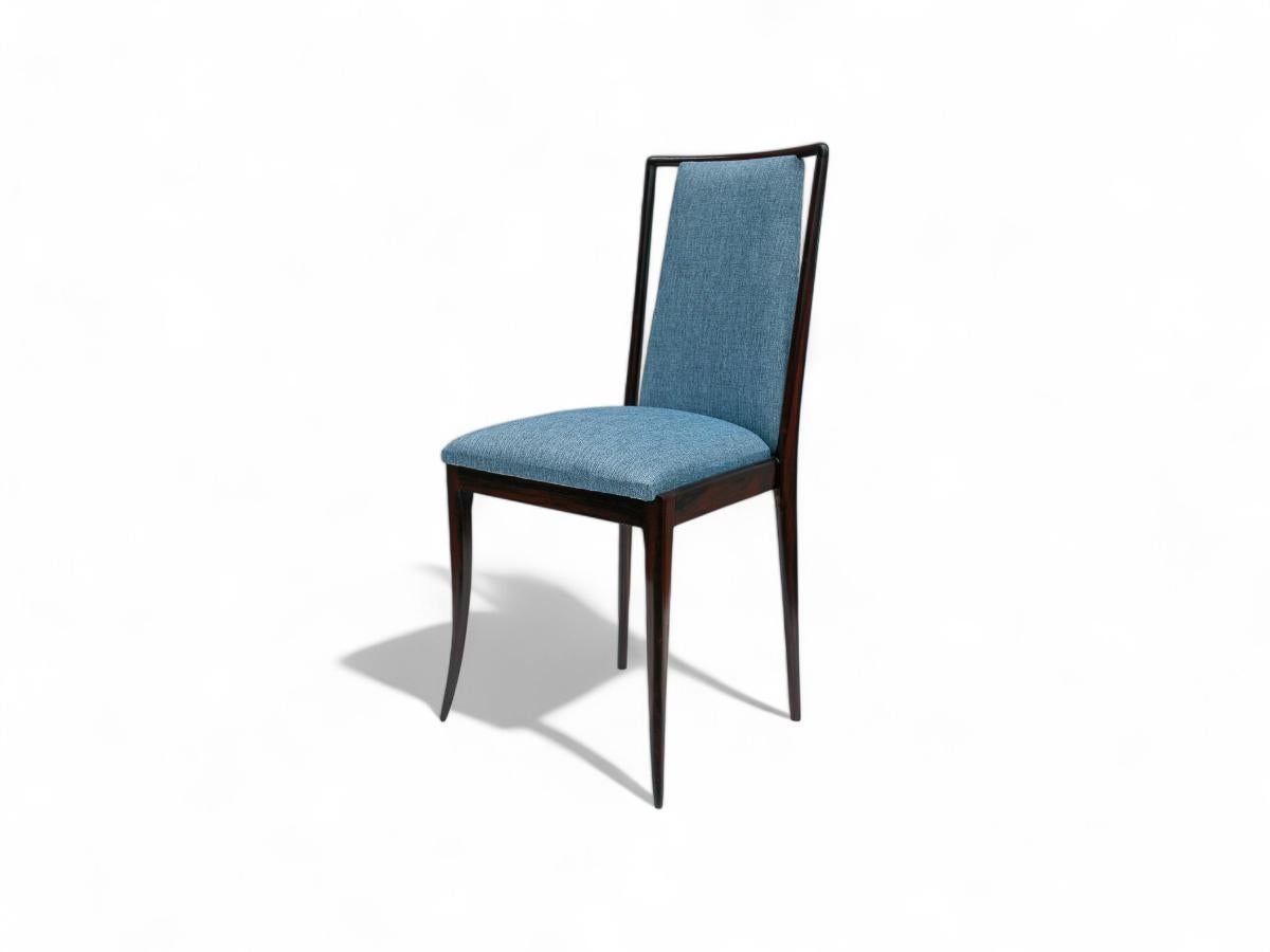 Brazilian Modern 4 Chair Set in Hardwood & Blue Fabric by G. Scapinelli, Brazi For Sale 1